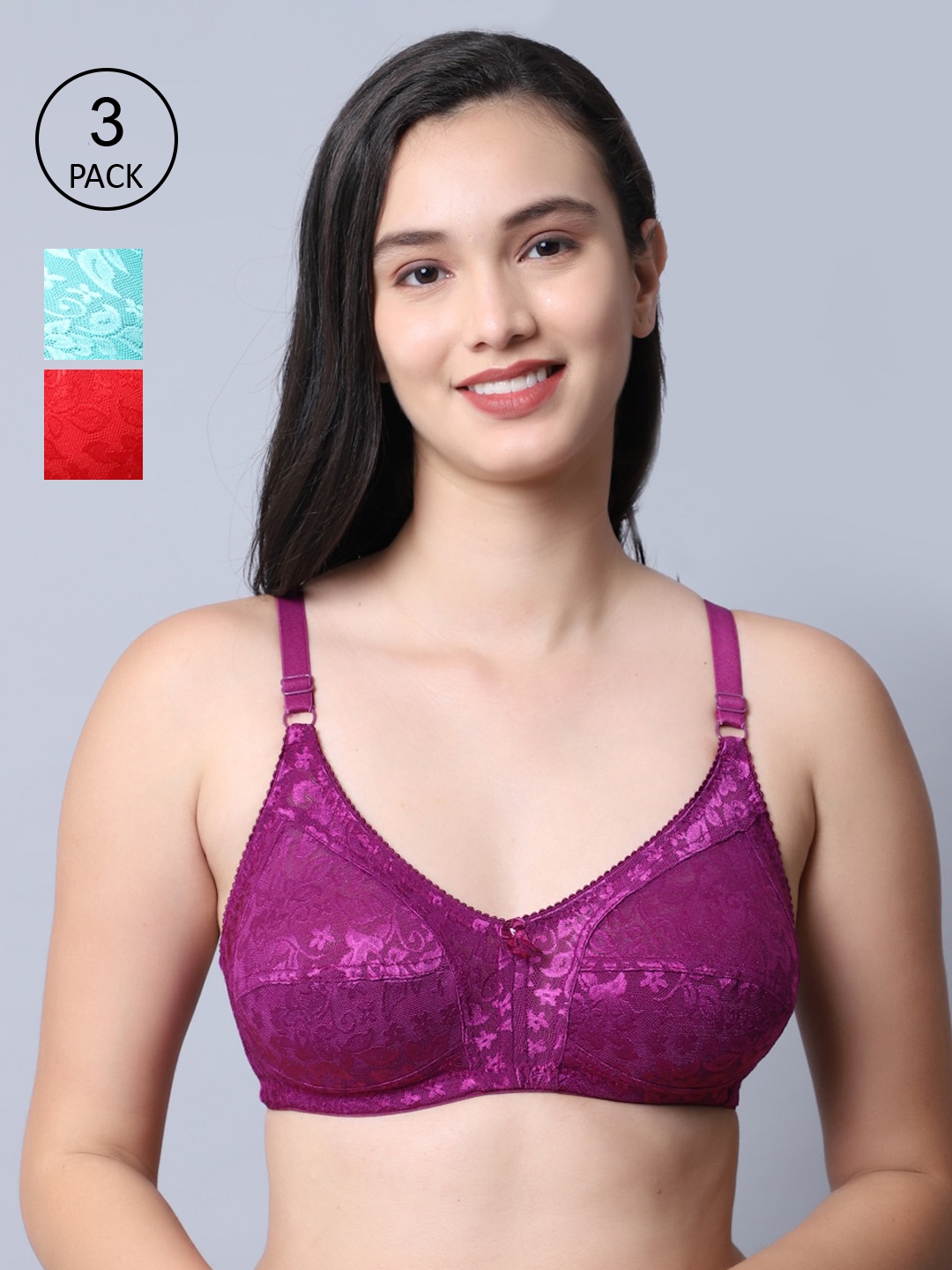 

GRACIT Red & Purple Pack Of 3 Self Design Nylon With Net Bra