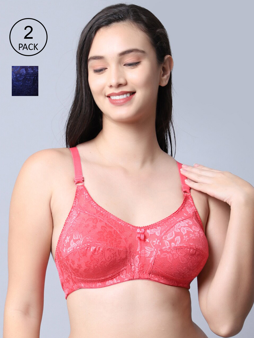 

GRACIT Orange & Navy Blue Self Design Nylon With Net Bra