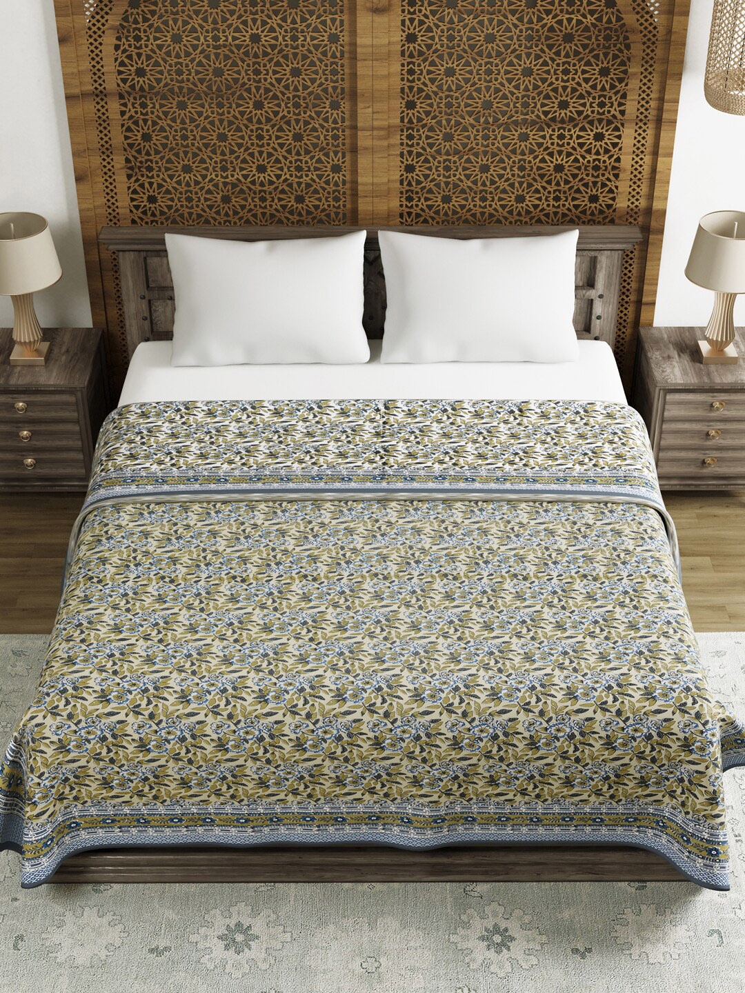 

BLOCKS OF INDIA Grey & Blue Floral AC Room 150 GSM Double Bed Dohar