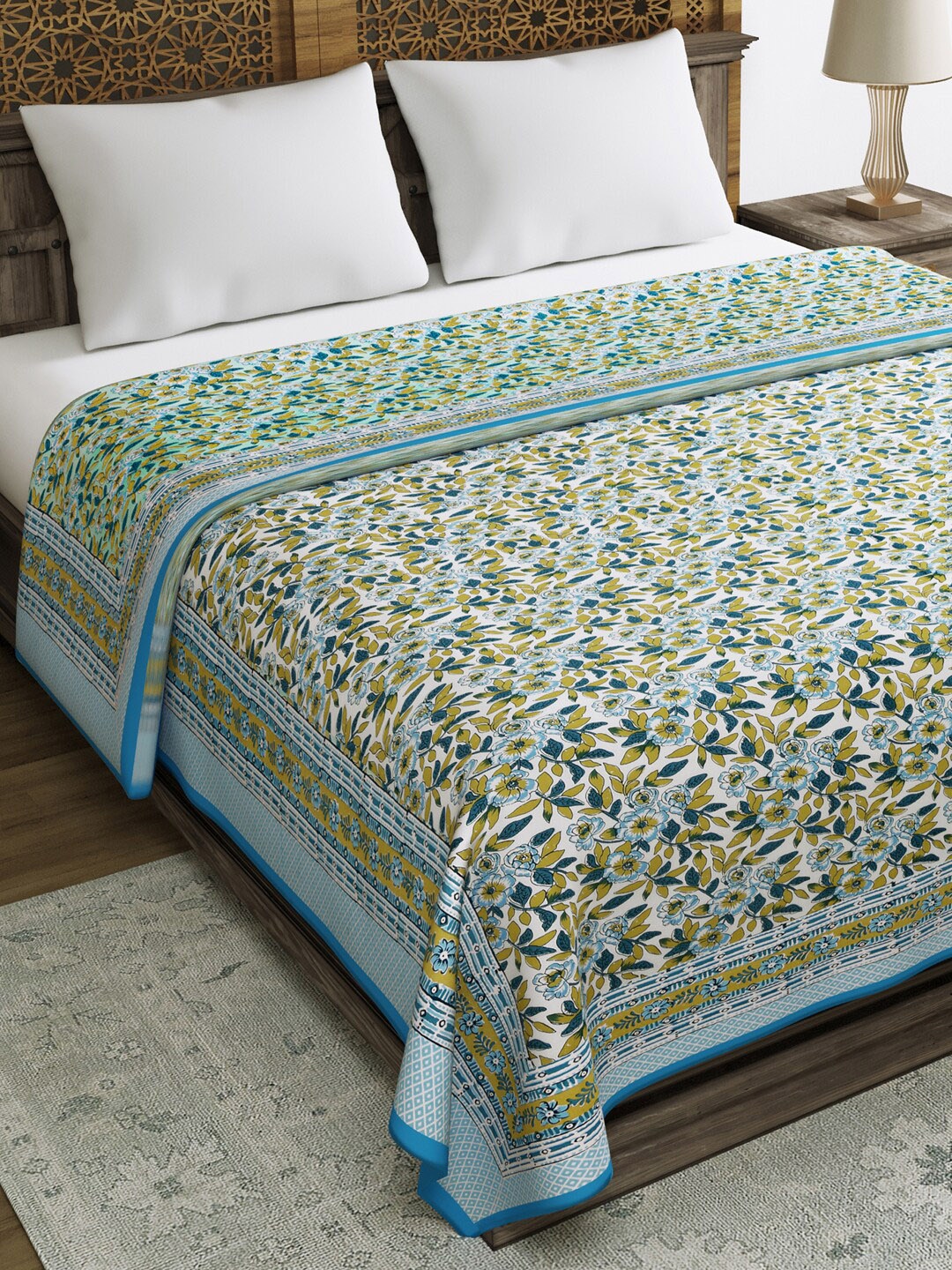 

BLOCKS OF INDIA Turquoise Blue & Mustard Floral AC Room 150 GSM Double Bed Dohar