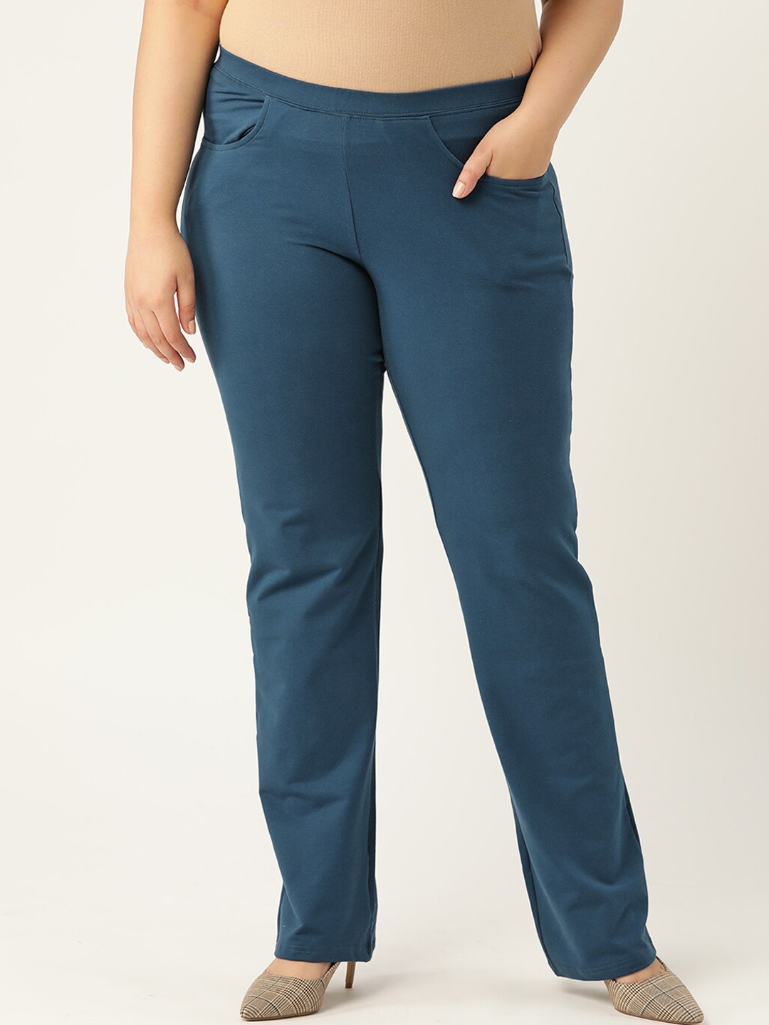 

theRebelinme Plus Size Women Blue Relaxed High-Rise Trousers