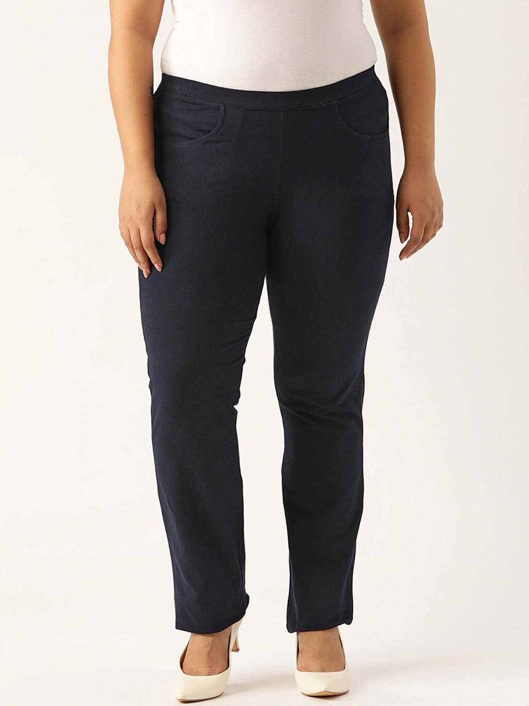 

theRebelinme Plus Size Women Navy Blue Relaxed High-Rise Trousers