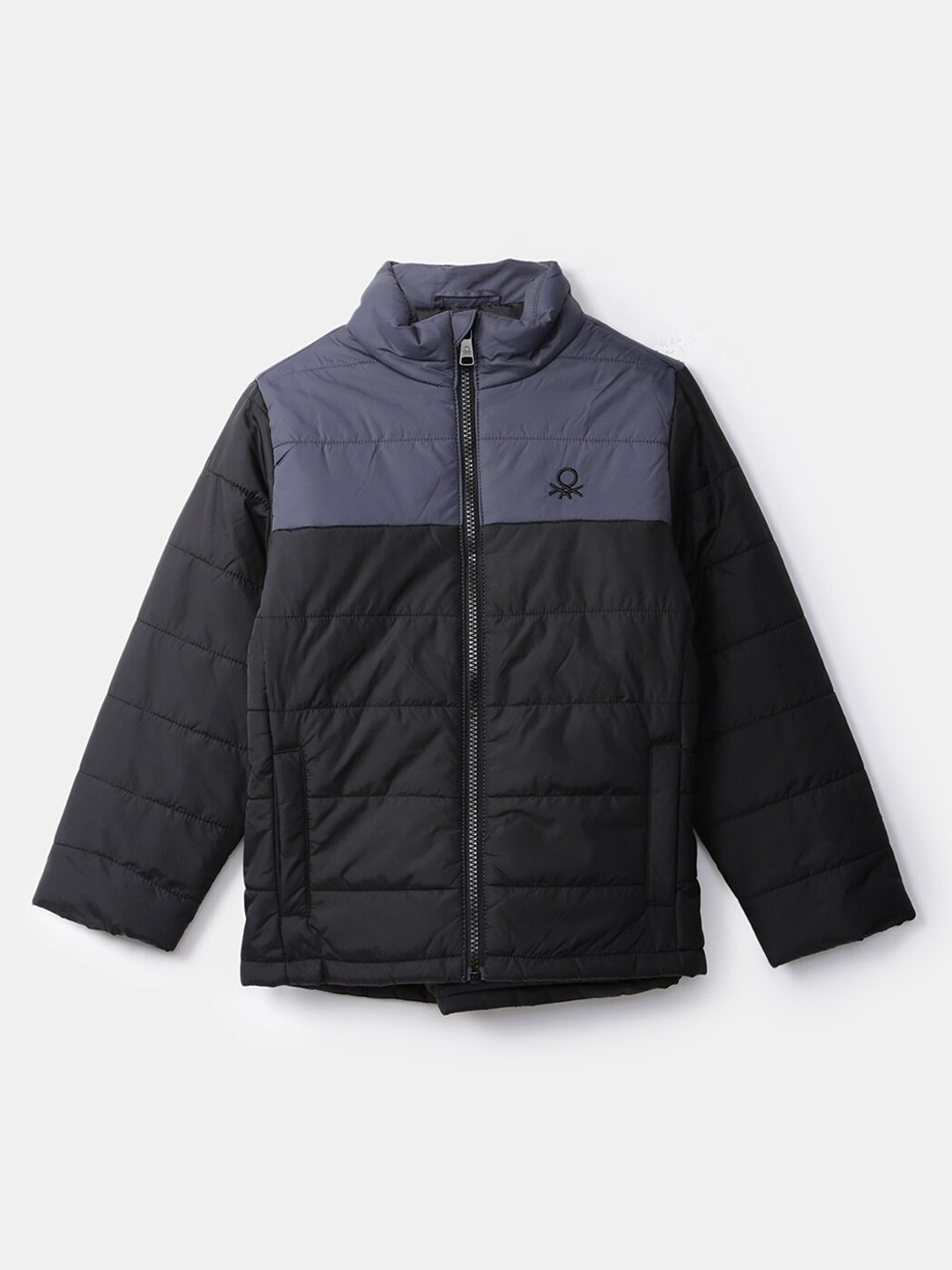 

United Colors of Benetton Boys Black Blue Colourblocked Padded Jacket with Patchwork