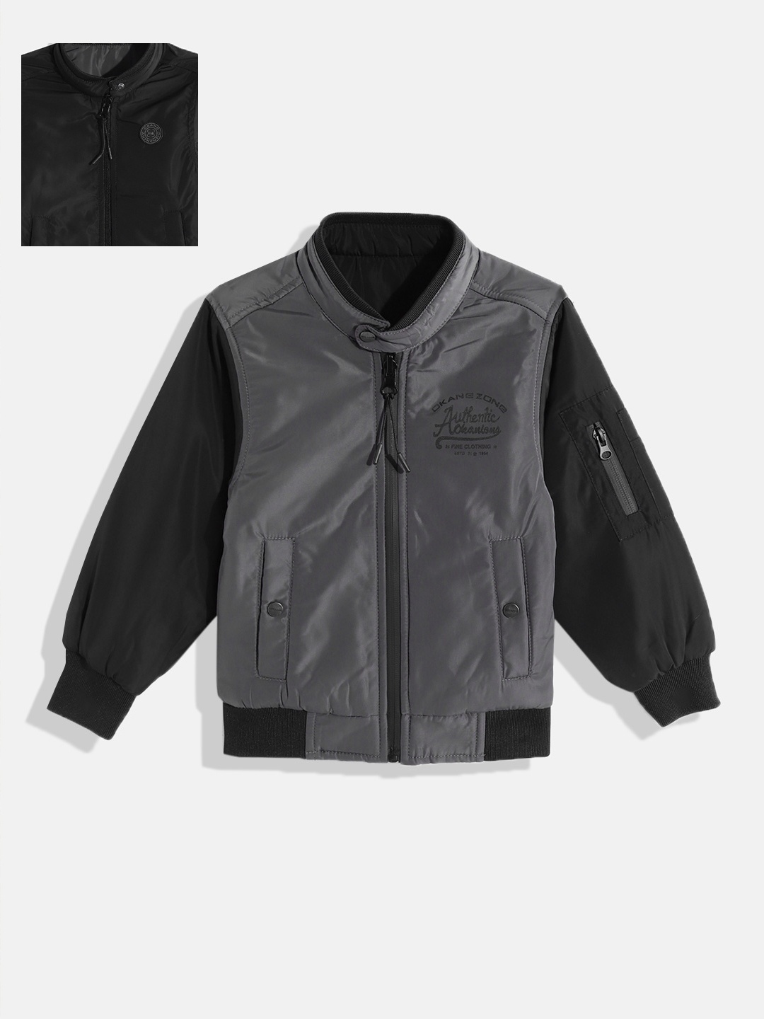 

Okane Boys Grey & Black Solid Reversible Bomber Jacket
