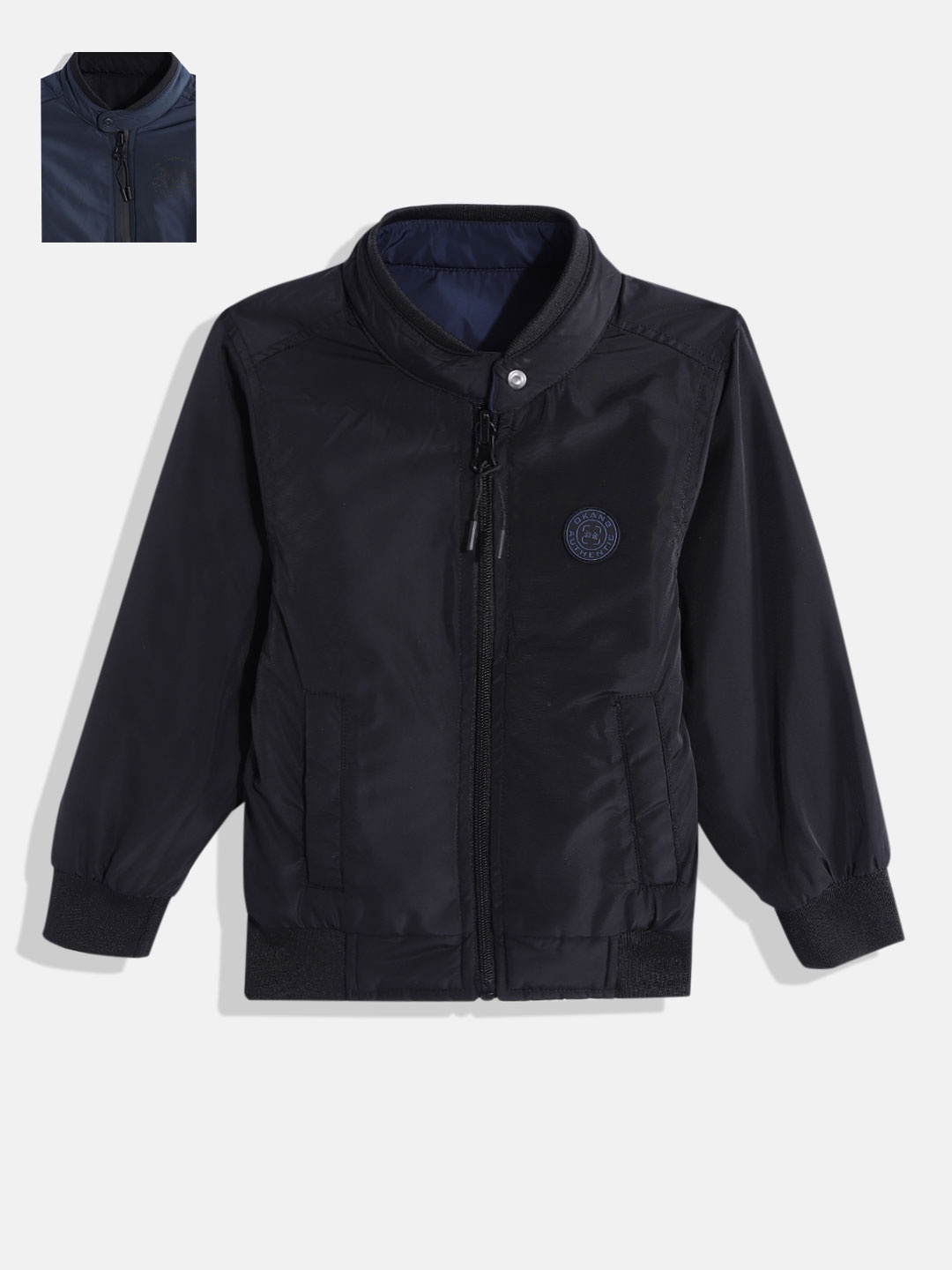 

Okane Boys Navy Blue & Black Solid Reversible Bomber Jacket