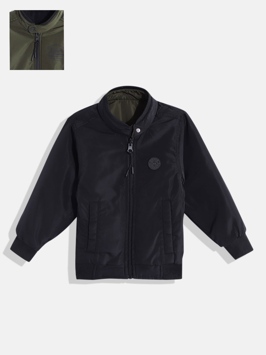 

Okane Boys Olive Green& Black Solid Reversible Bomber Jacket