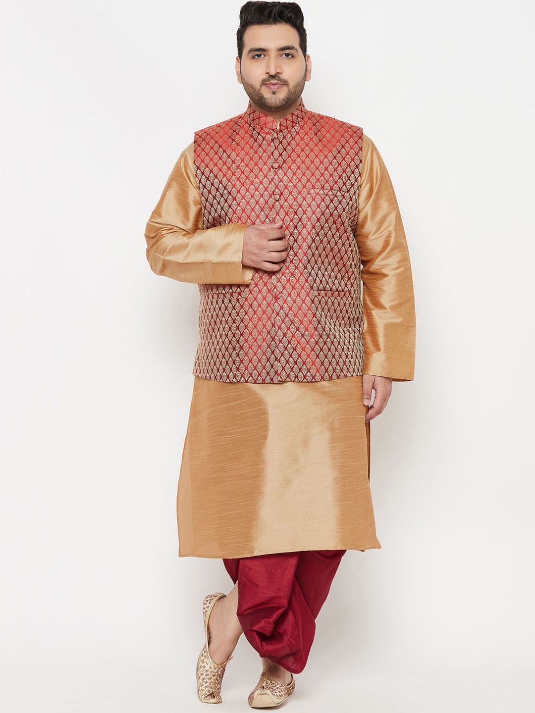 

VASTRAMAY Plus Size Men Gold-Toned Kurta with Dhoti Pants & Nehru Jacket