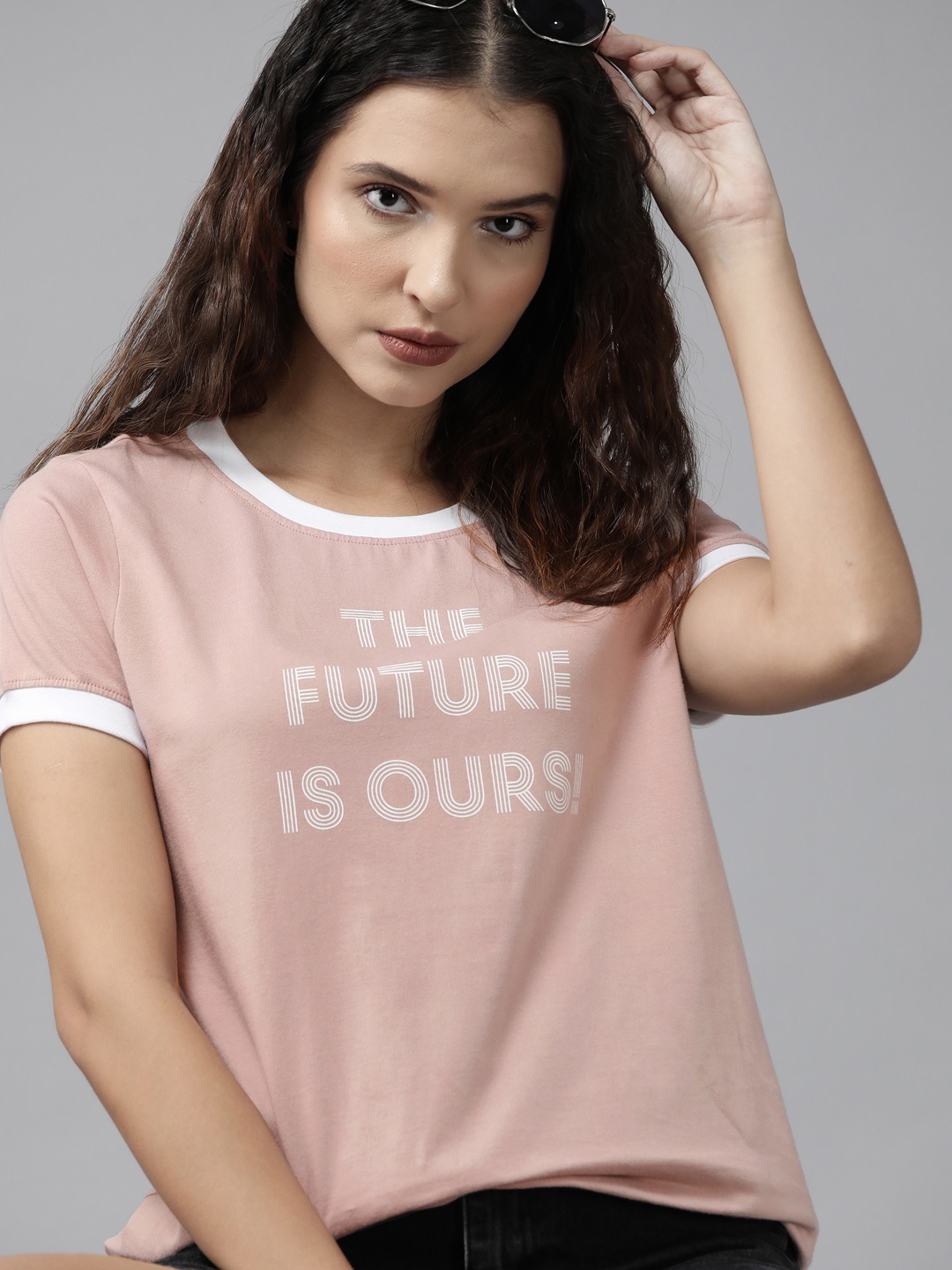 Roadster Women Dusty Pink & White Printed Pure Cotton T-shirt, Rose