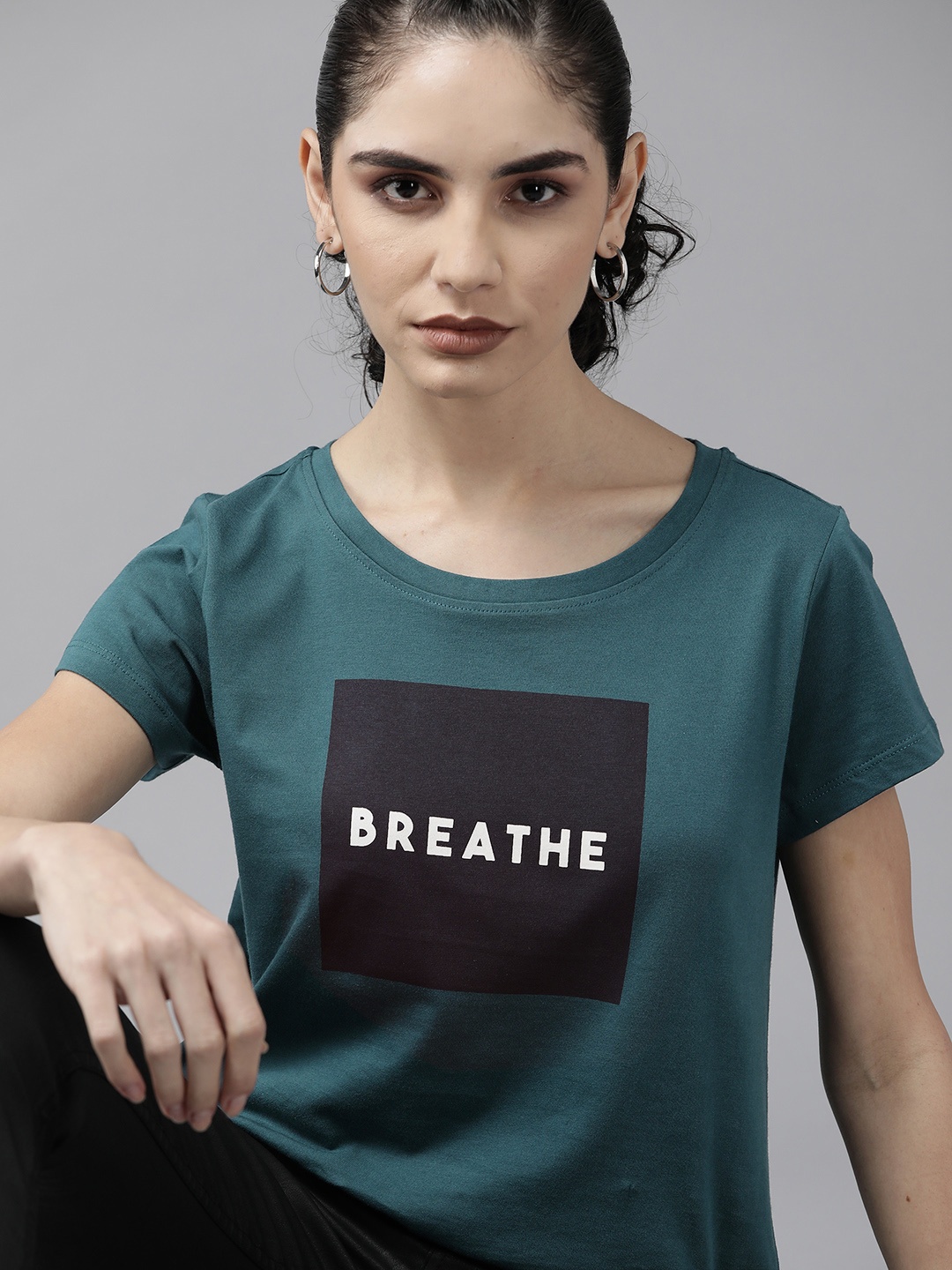 Roadster Women Teal Green Printed Pure Cotton T-shirt