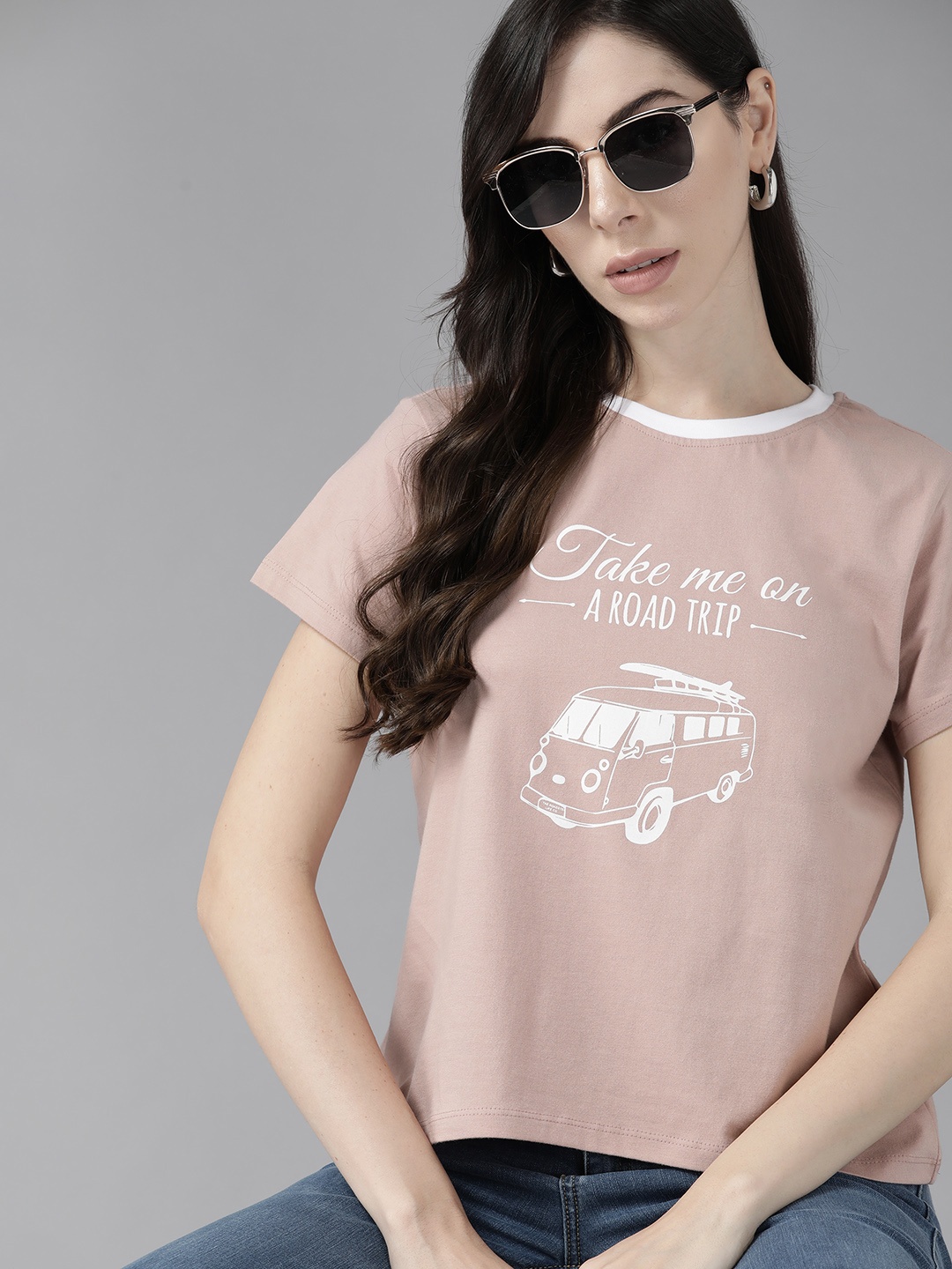 

Roadster Women Dusty Pink & White Printed Pure Cotton T-shirt, Rose