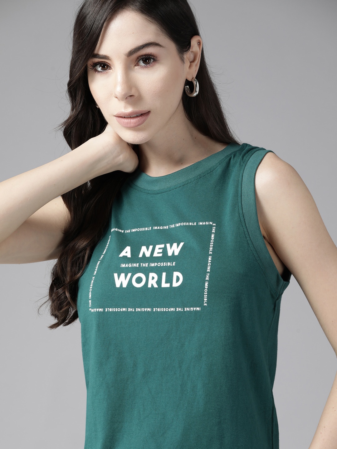 

Roadster Women Green & White Typography Printed Pure Cotton T-shirt