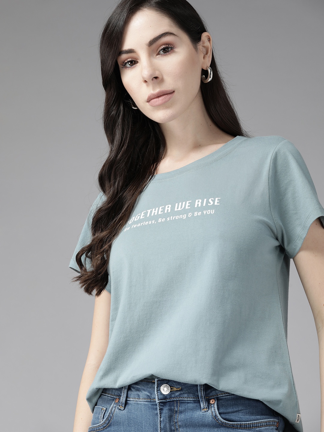 

Roadster Women Blue & White Printed Pure Cotton T-shirt