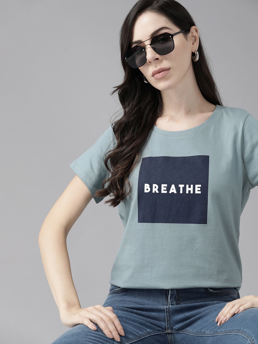 

Roadster Women Blue Typography Printed Pure Cotton T-shirt