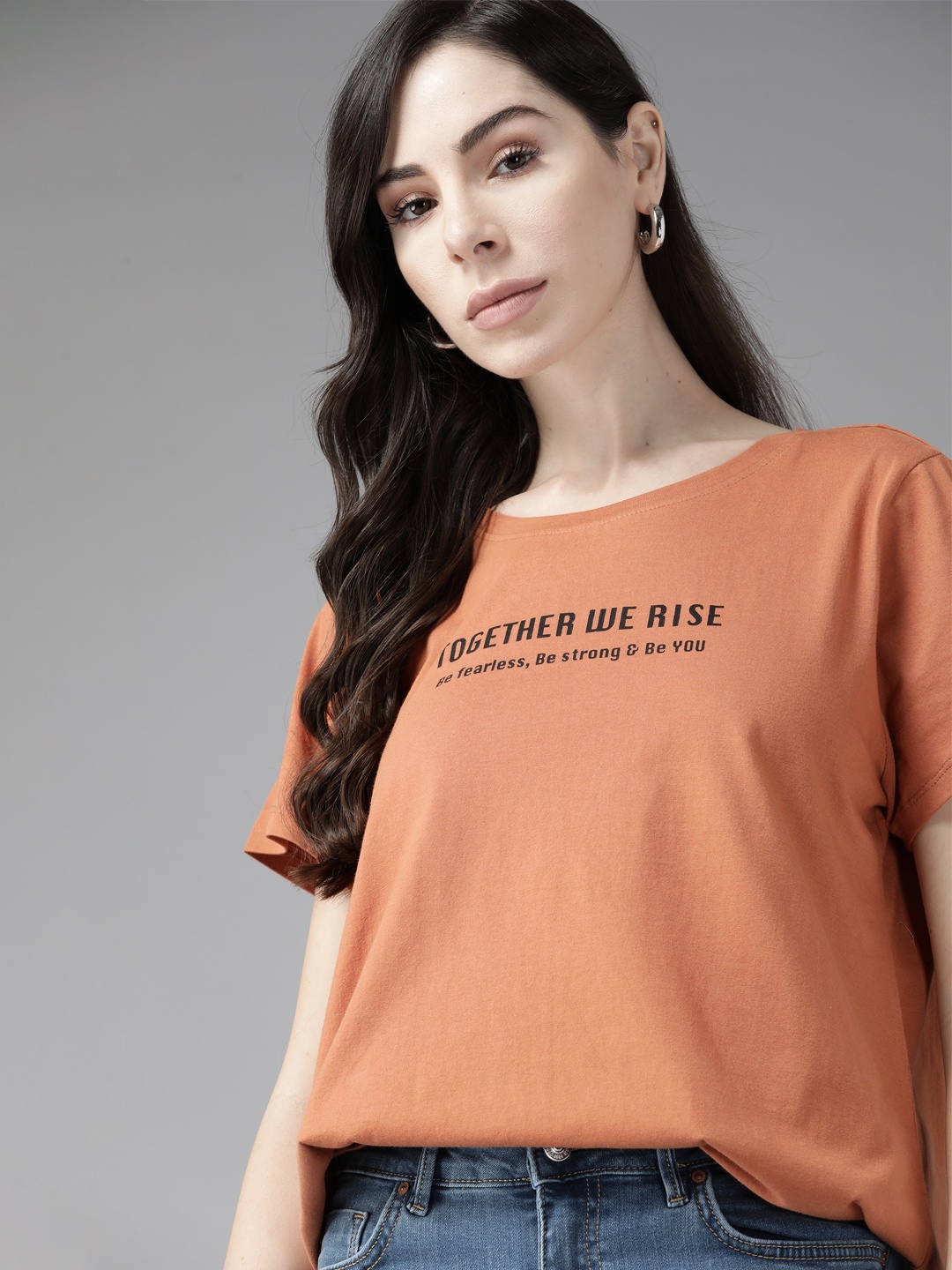 

Roadster Women Rust Orange & Black Typography Printed Pure Cotton T-shirt