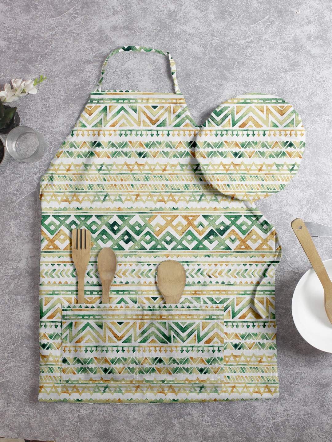 

HOUZZCODE Set of 2 Yellow & Green Geometric Apron With Cap