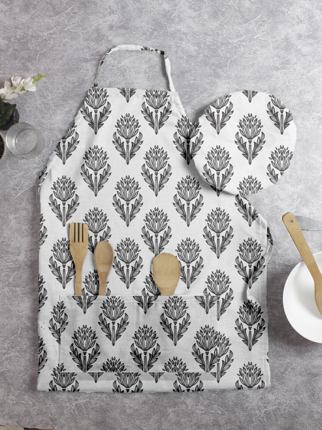 

HOUZZCODE Unisex Grey & White Set Of 2 Printed Aprons