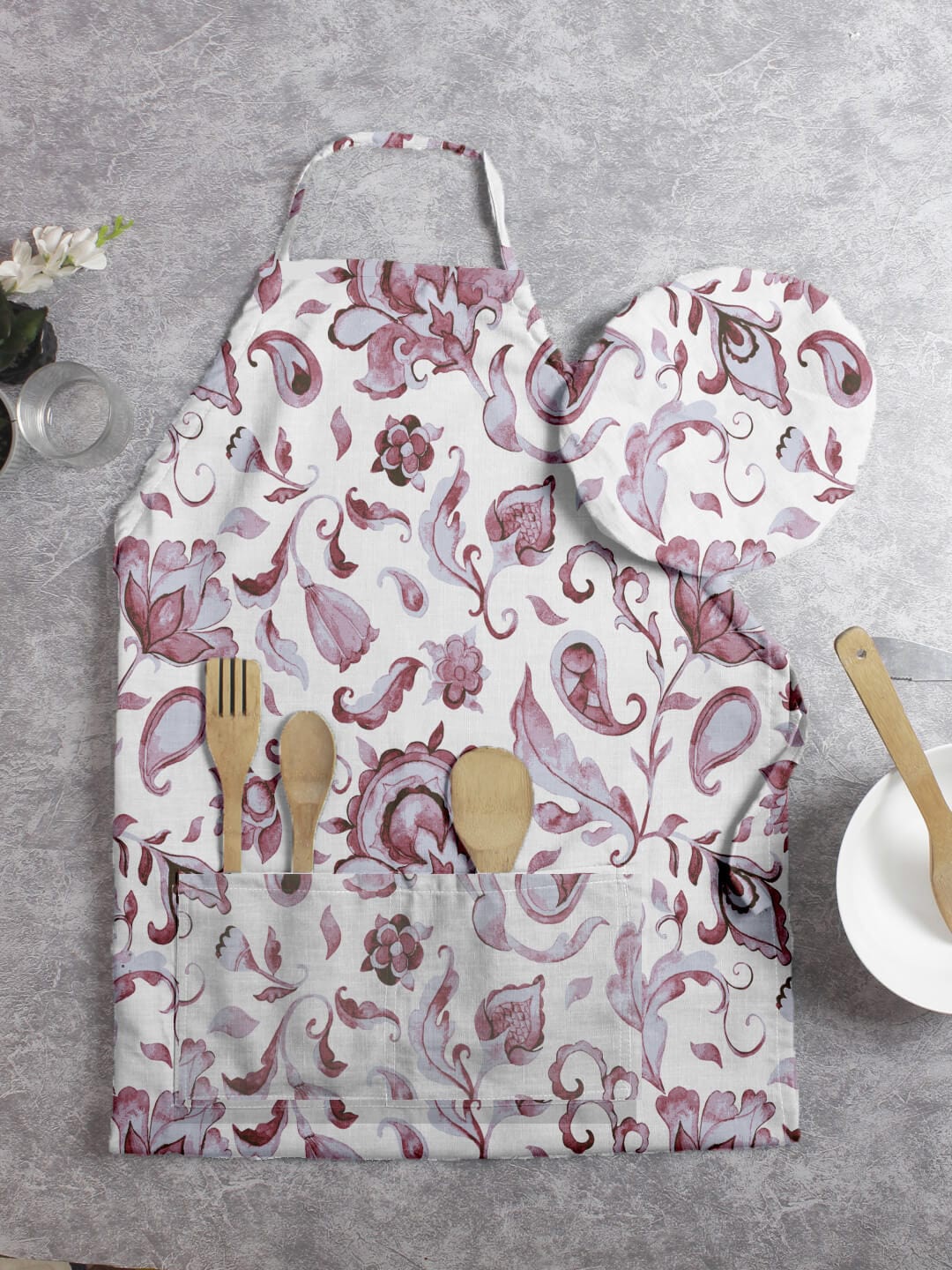 

HOUZZCODE Set of 2 White & Purple Floral Printed Apron With Cap