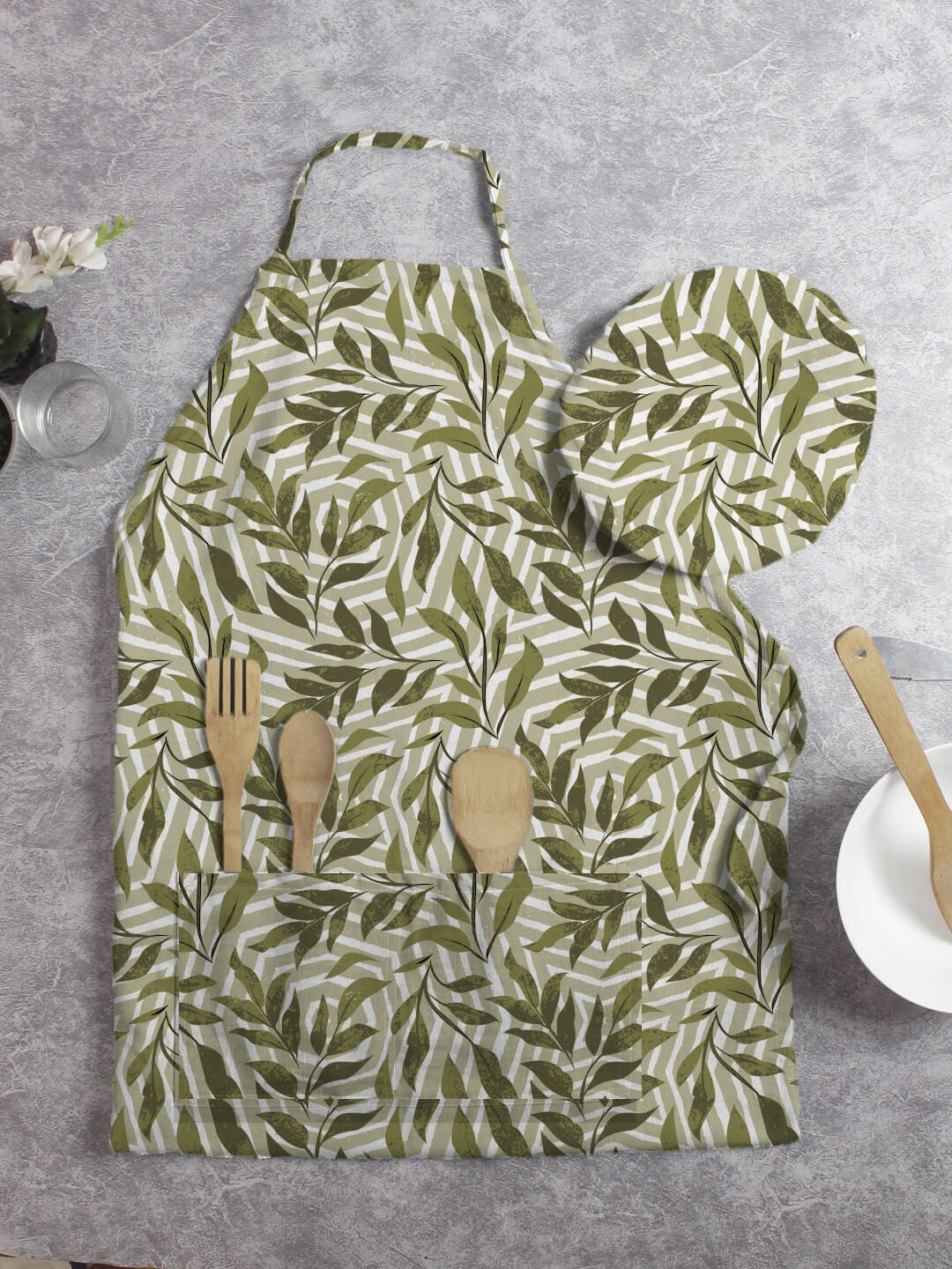 

HOUZZCODE Green Printed Apron Set 50x60cm