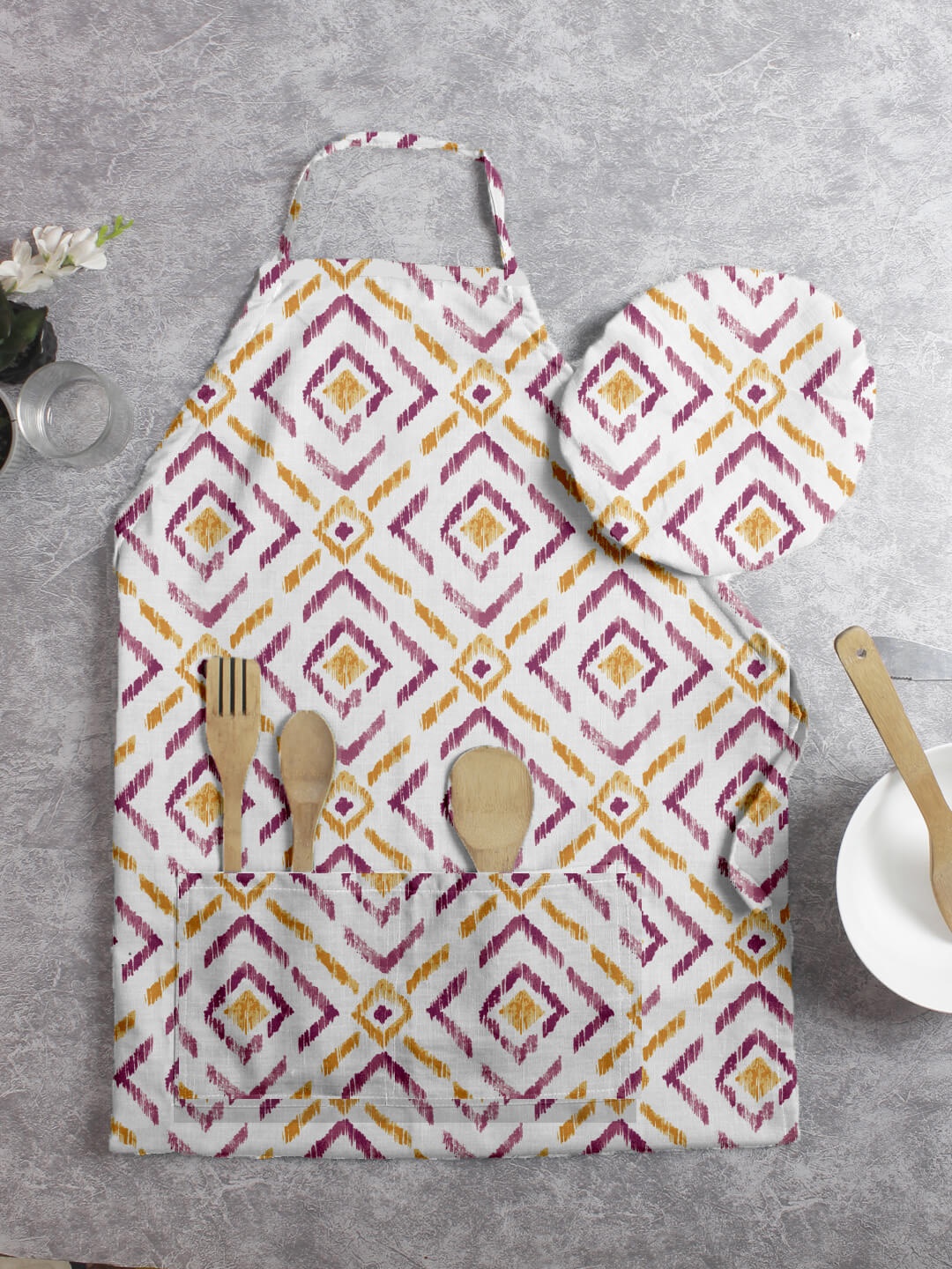 

HOUZZCODE Orange Geometric Printed Apron With Cap