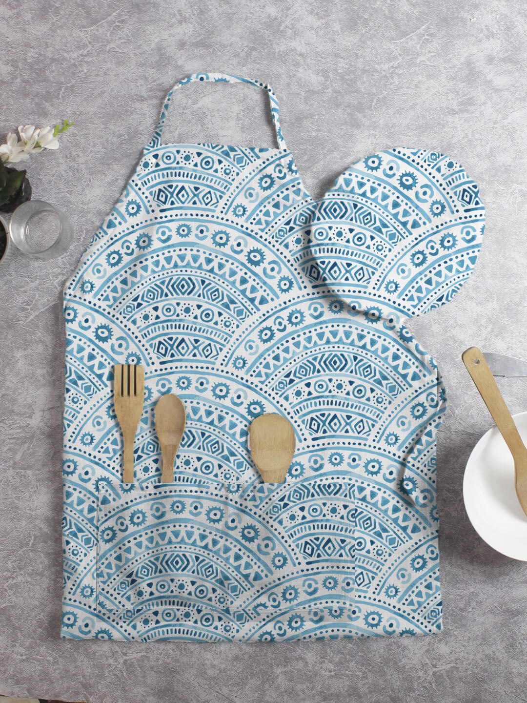 

HOUZZCODE Set of 2 Blue Ethnic Motifs Printed Apron With Cap