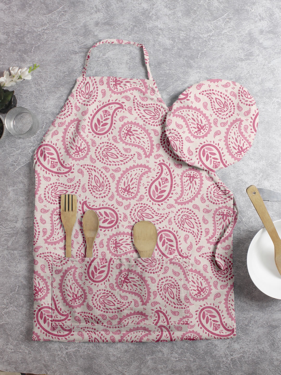 

HOUZZCODE Pink & White Printed Apron With Chef Cap