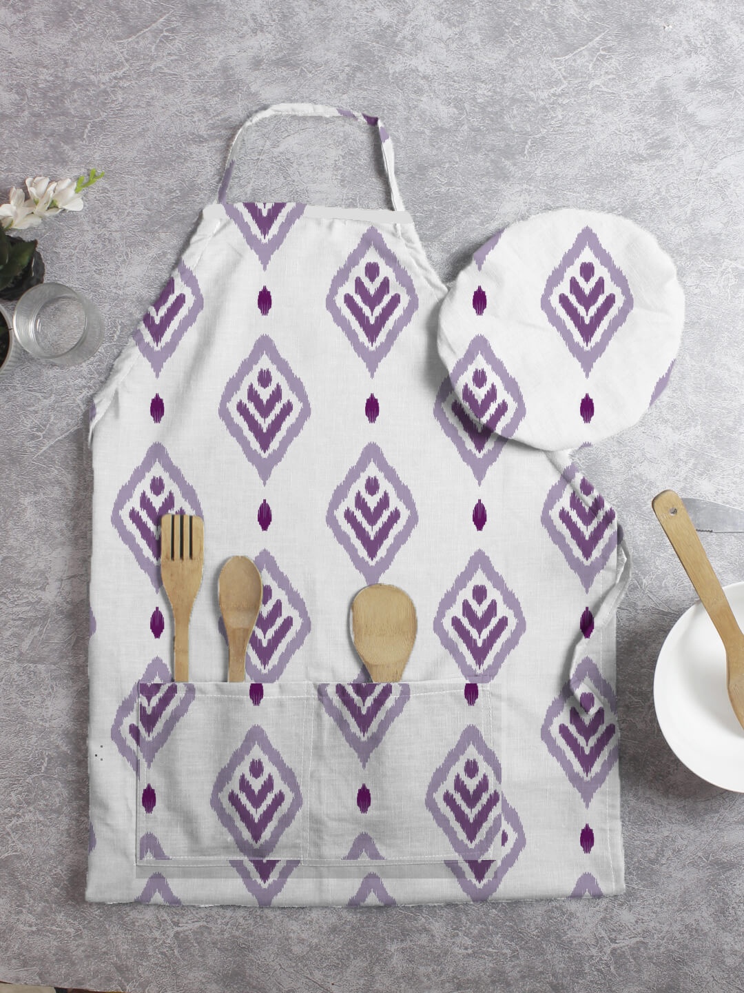 

HOUZZCODE Set Of White & Violet Ikat Printed Apron & Cap