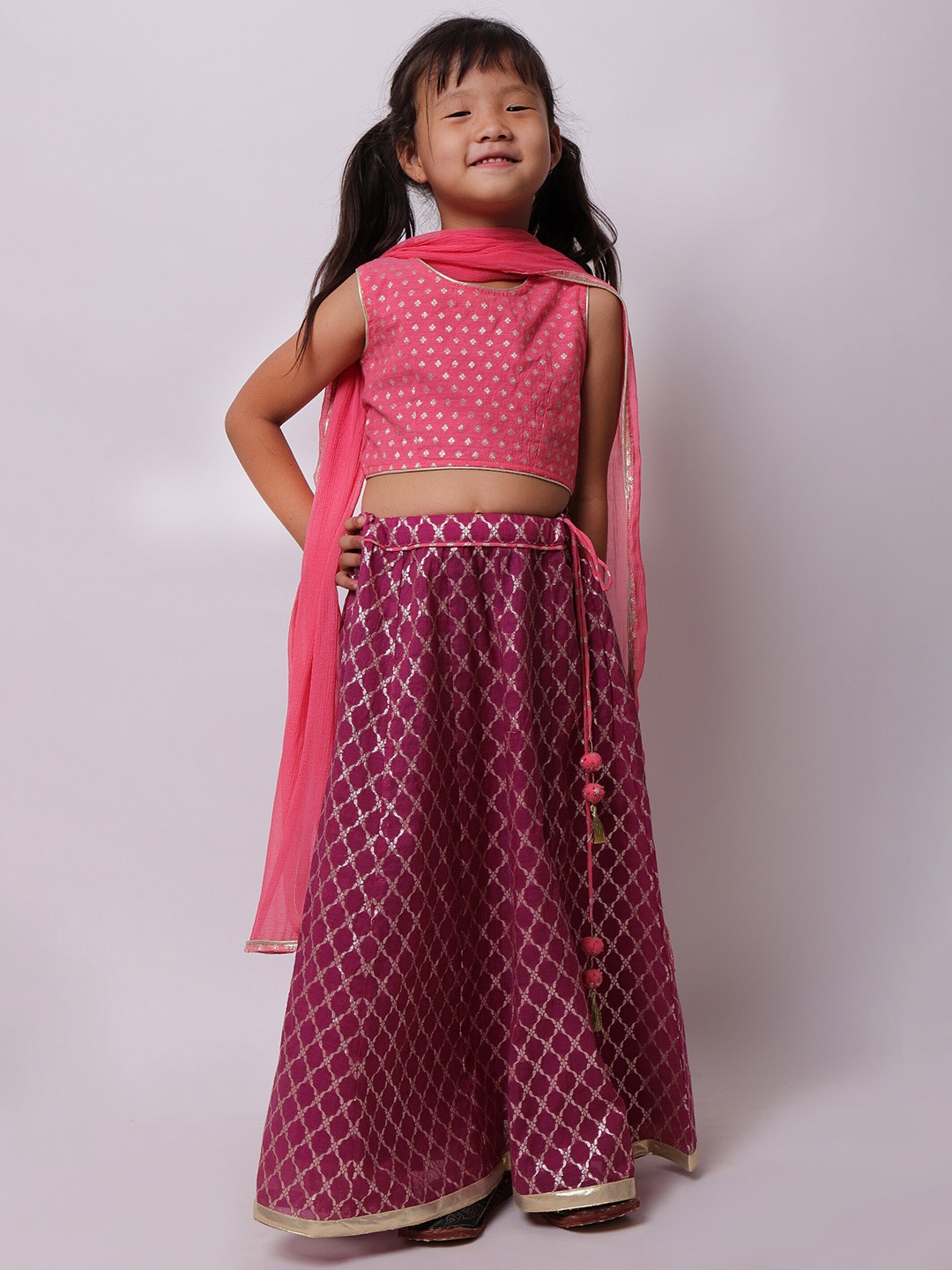 

My Little Lambs Girls Pink & Gold-Toned Ready to Wear Lehenga & Blouse With Dupatta