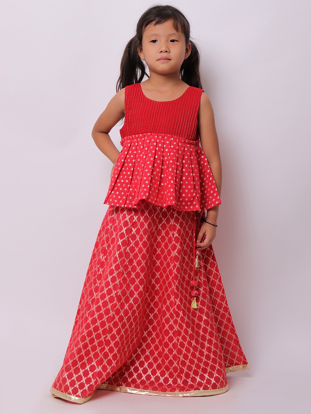 

My Little Lambs Girls Red & Gold-Toned Ready to Wear Lehenga &