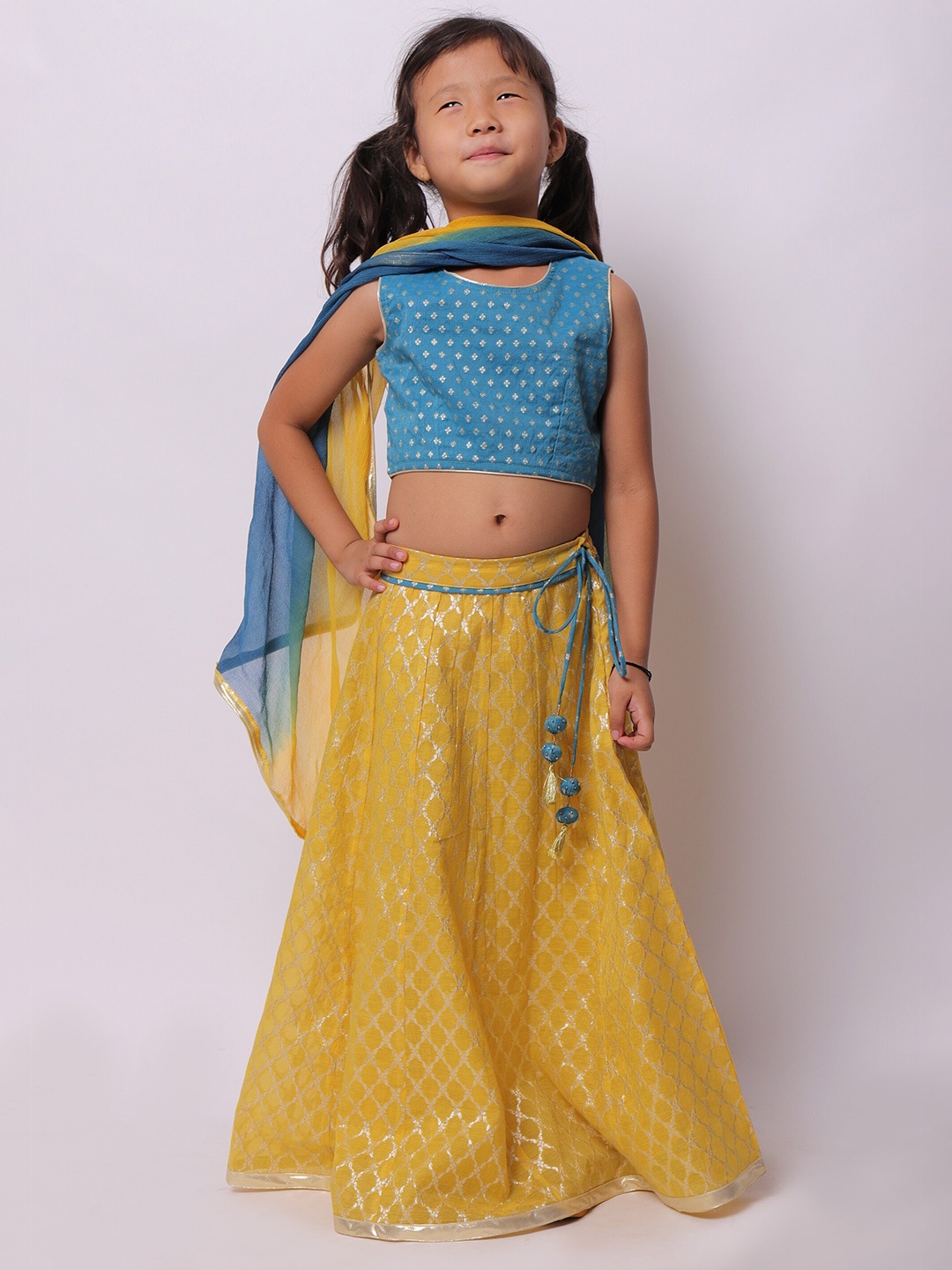 

My Little Lambs Girls Blue & Green Ready to Wear Lehenga & Blouse With Dupatta