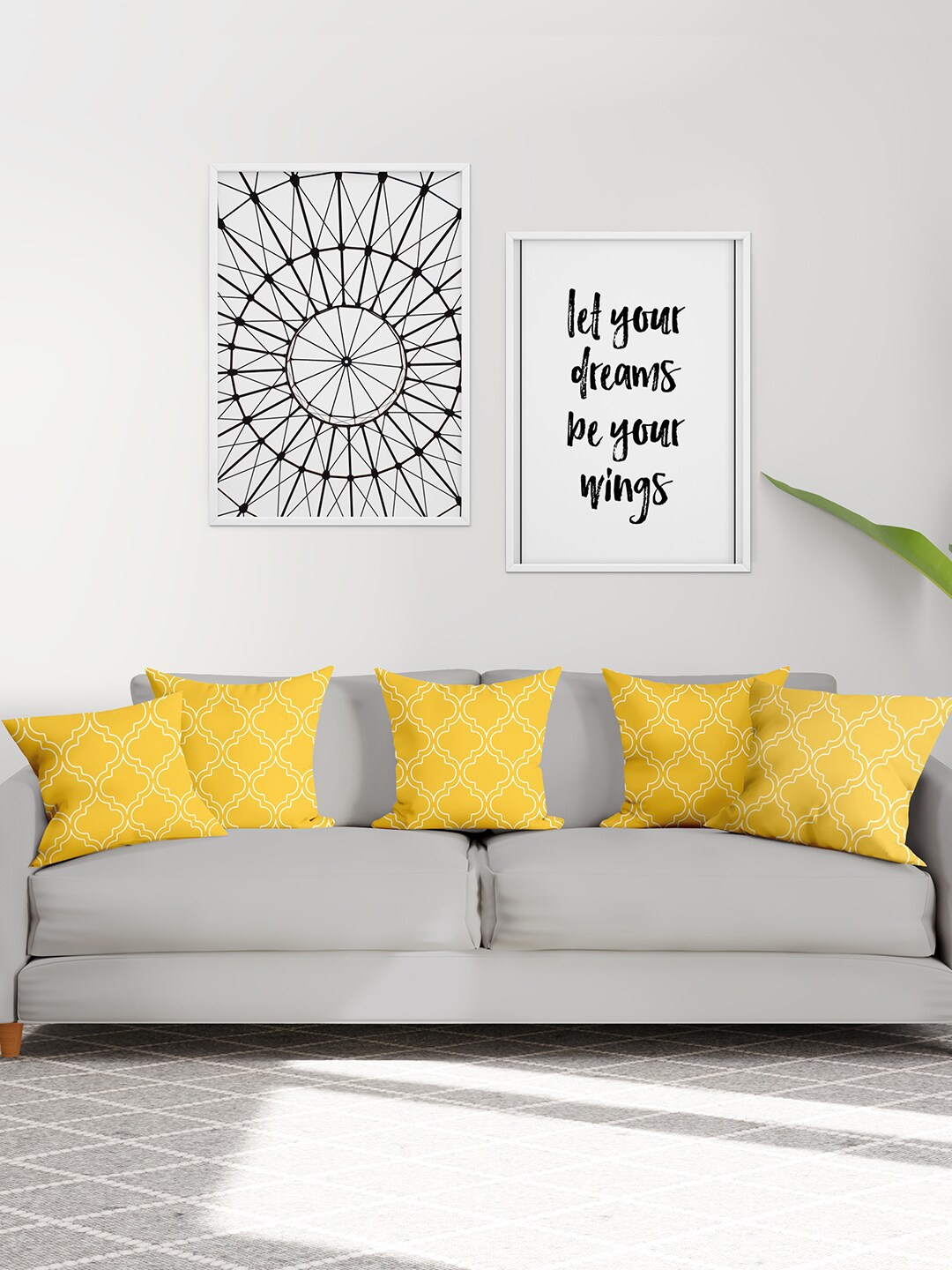 

Encasa Homes Yellow & White Set Of 5 Geometric Square Cushion Covers