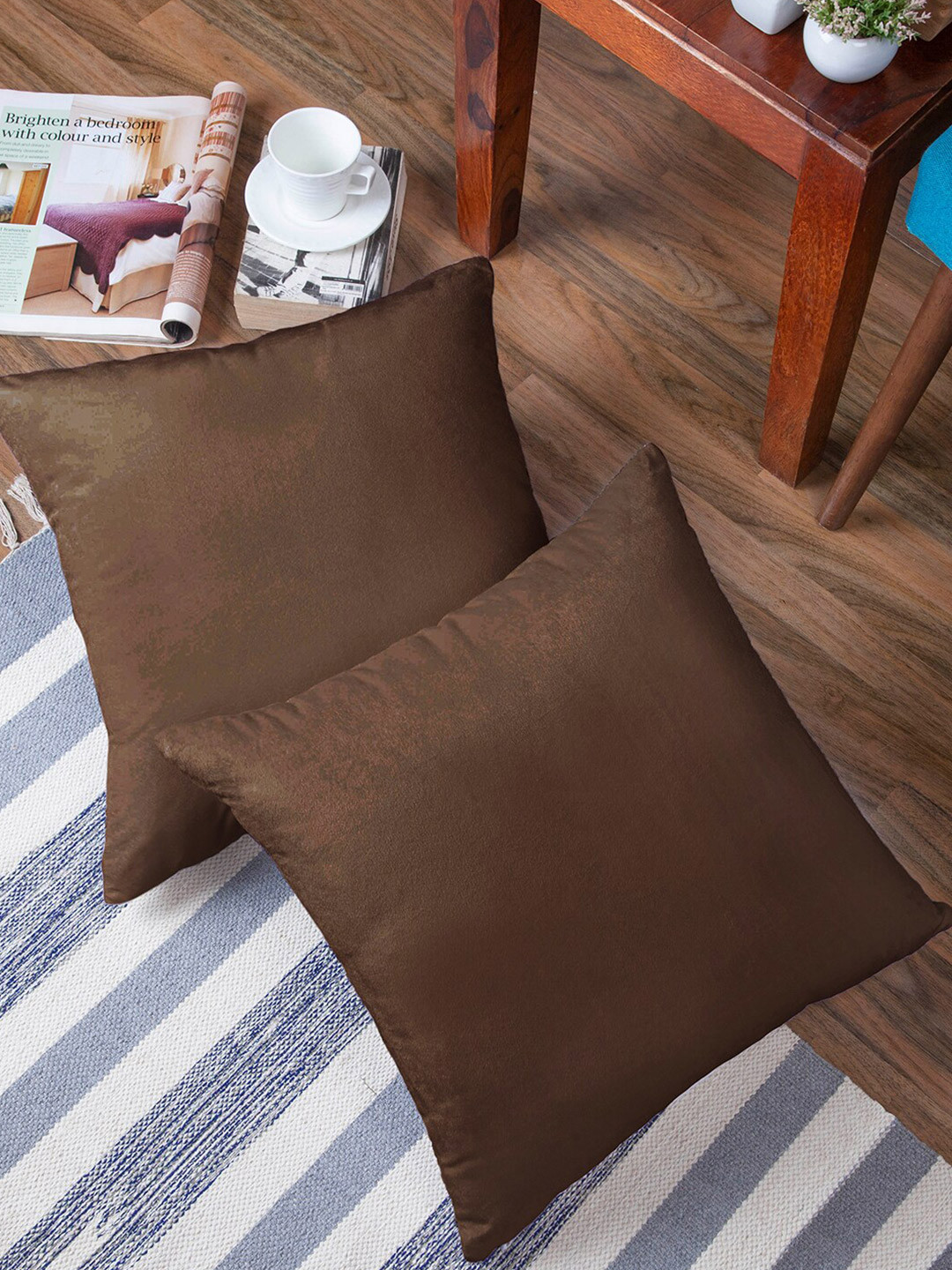 

Encasa Homes Coffee Brown Set of 2 Velvet Square Cushion Covers