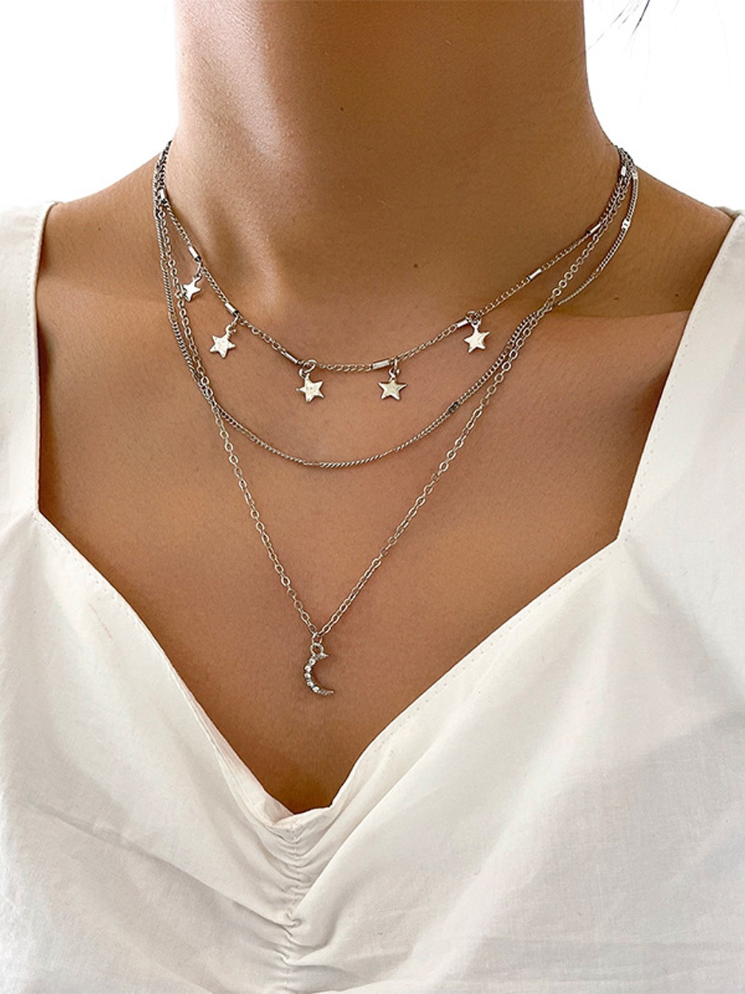 

Shining Diva Fashion Silver-Toned Silver-Plated 3 Layer Charm Necklace