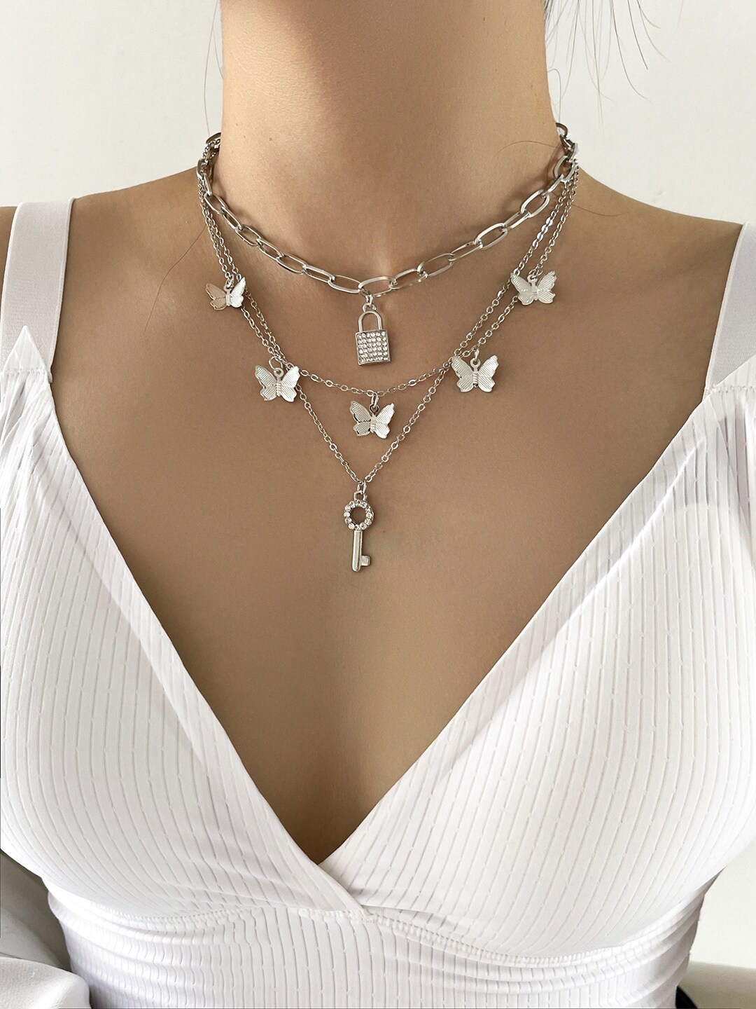 

Shining Diva Fashion Silver-Toned Silver-Plated Layered Necklace