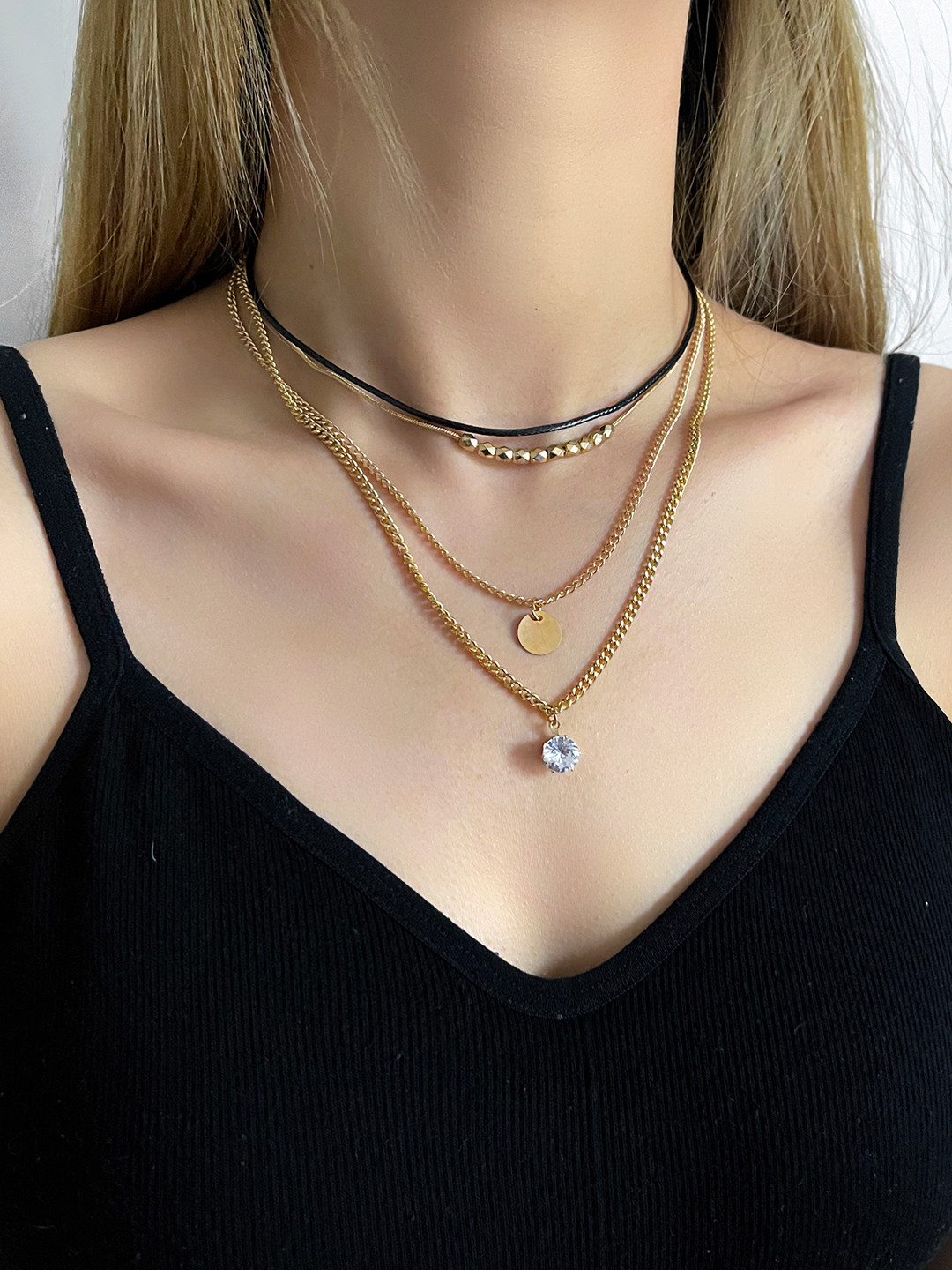

Shining Diva Fashion Set Of 2 Gold-Toned & Black Gold-Plated Layered Necklaces