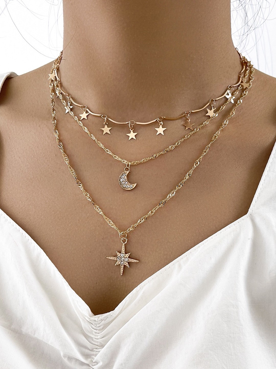 

Shining Diva Fashion Women Gold-Plated & White CZ studded Layered Necklace