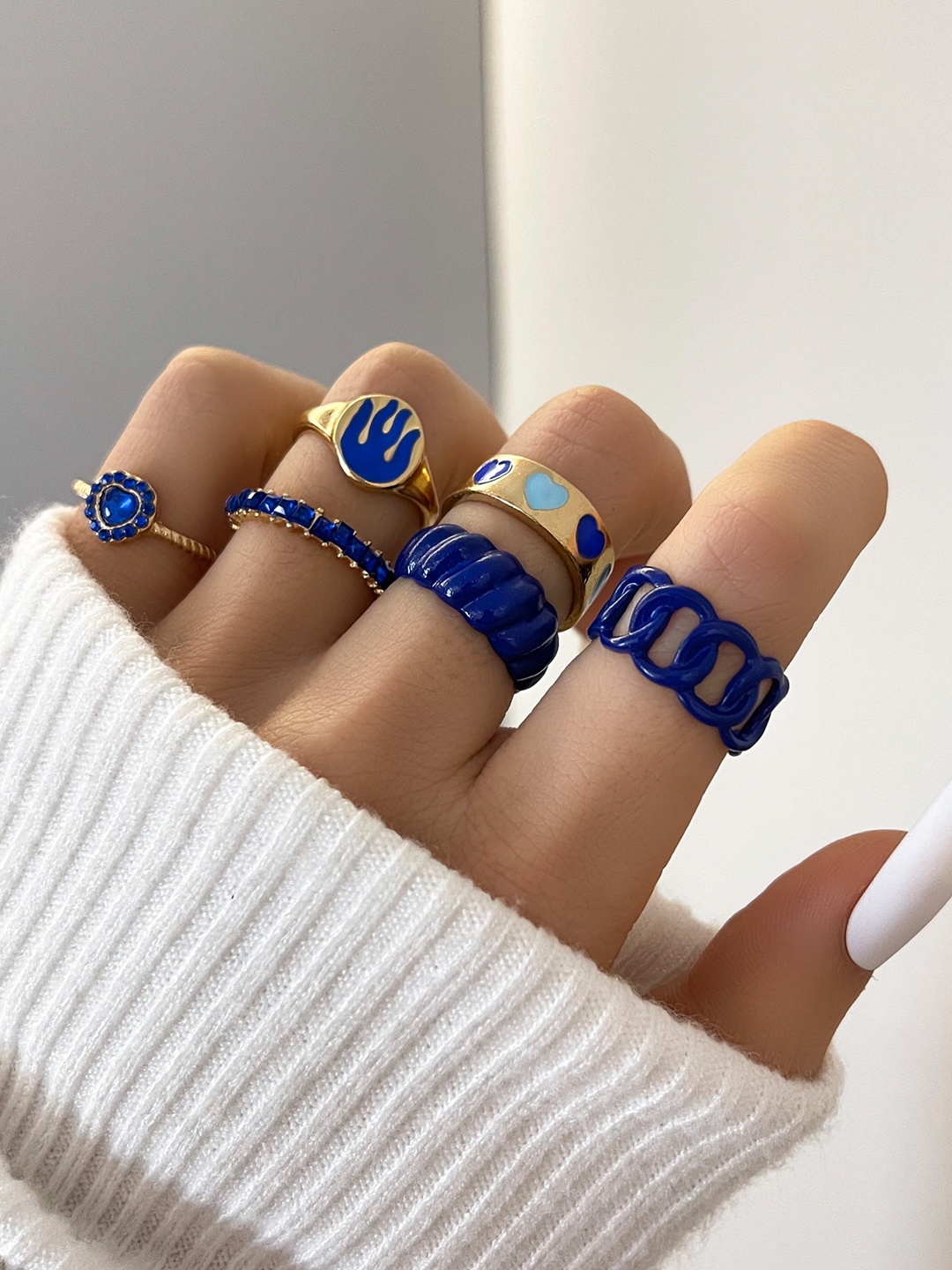 

Shining Diva Fashion Set Of 6 Blue Enamelled Adjustable Finger Ring