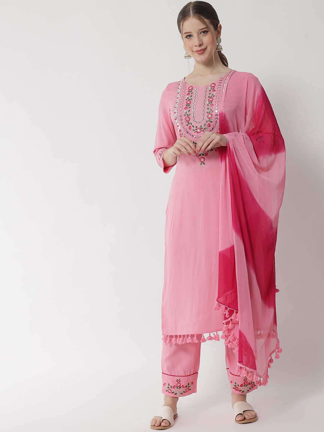 

IkDaiya Women Pink Floral Yoke Design Kurta with Trousers & With Dupatta