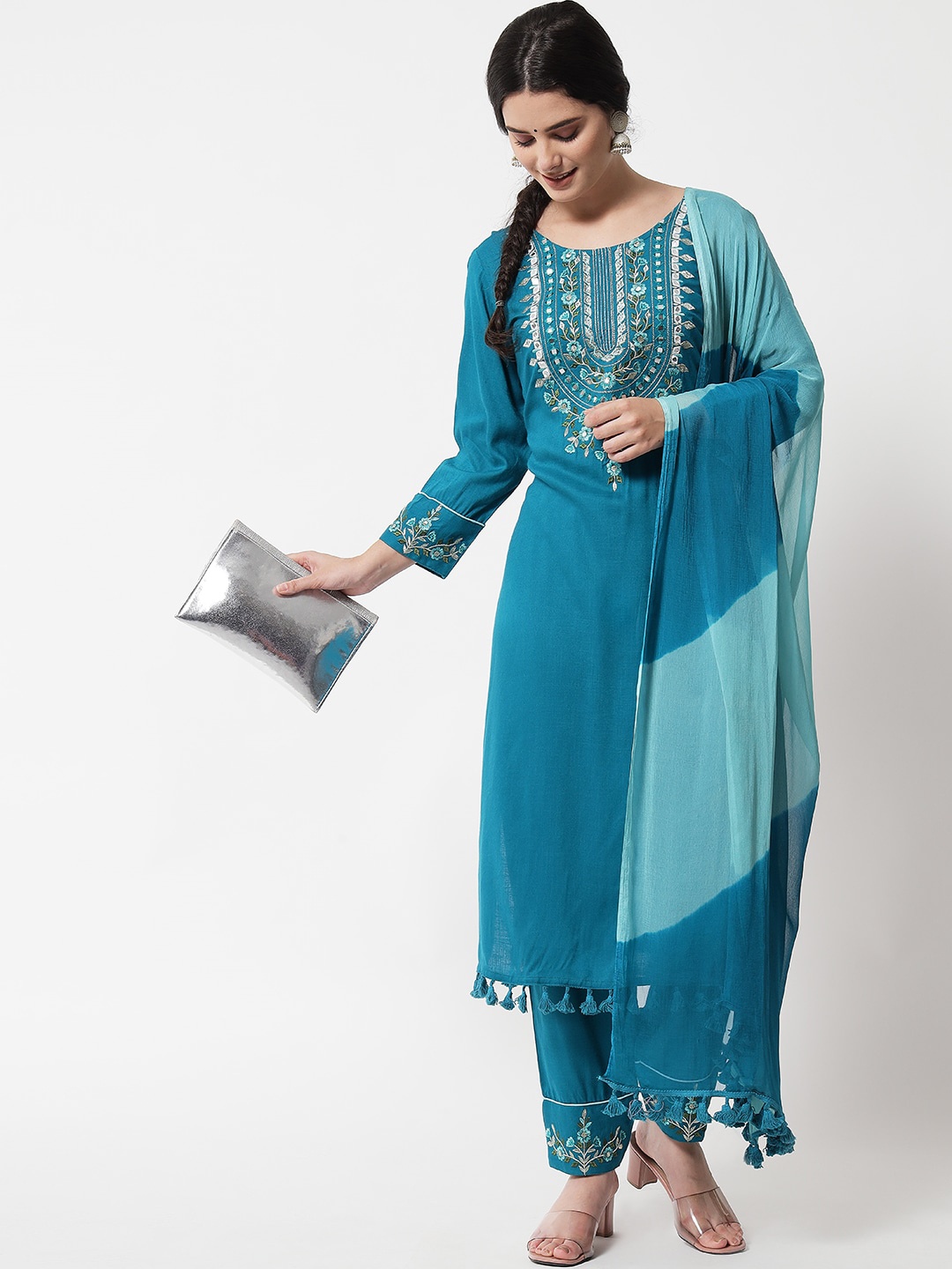 

IkDaiya Women Turquoise Blue Floral Embroidered Mirror Work Kurta with Trousers & With Dupatta