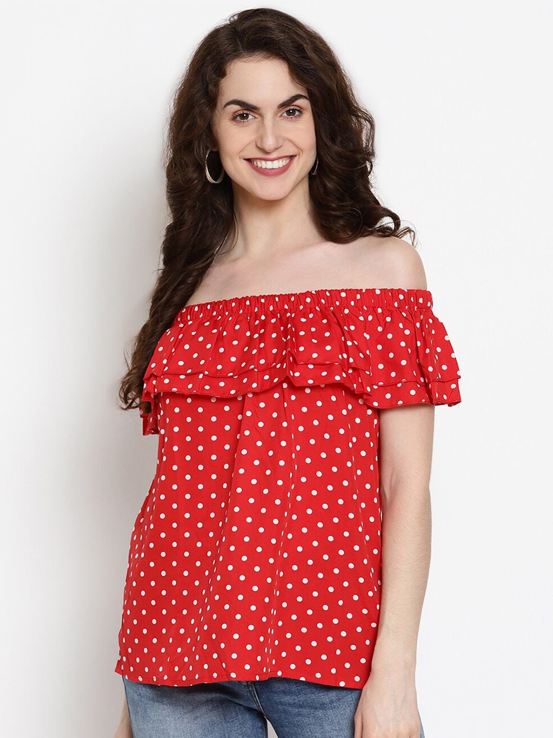 

The Vanca Red Print Off-Shoulder Bardot Top
