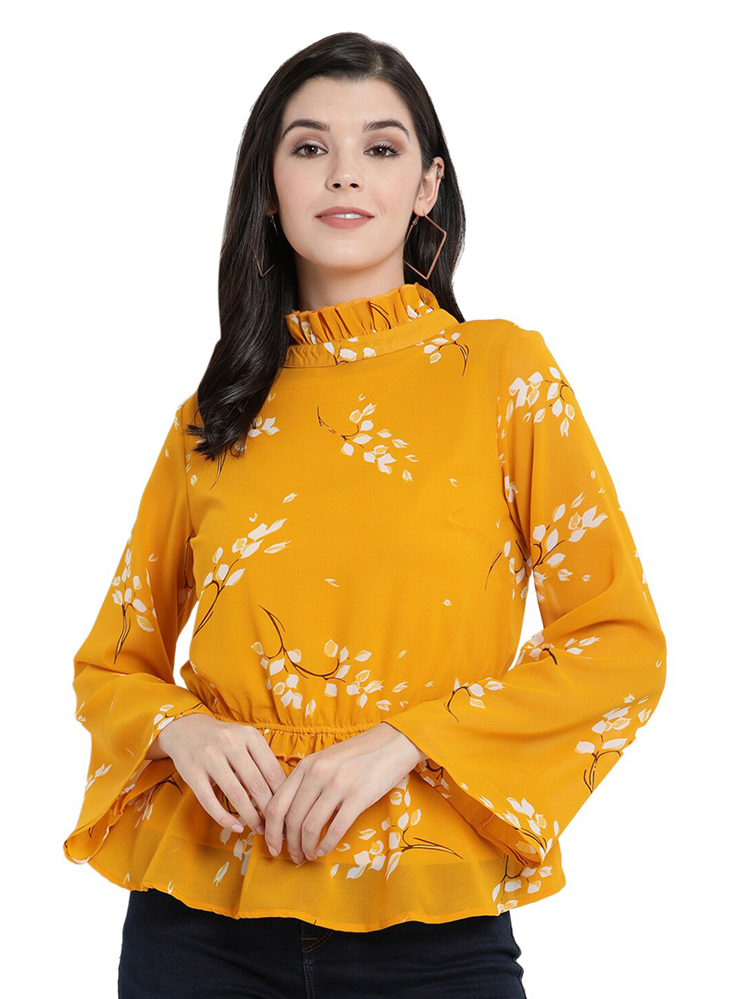 

The Vanca Yellow Floral Print Cinched Waist Top