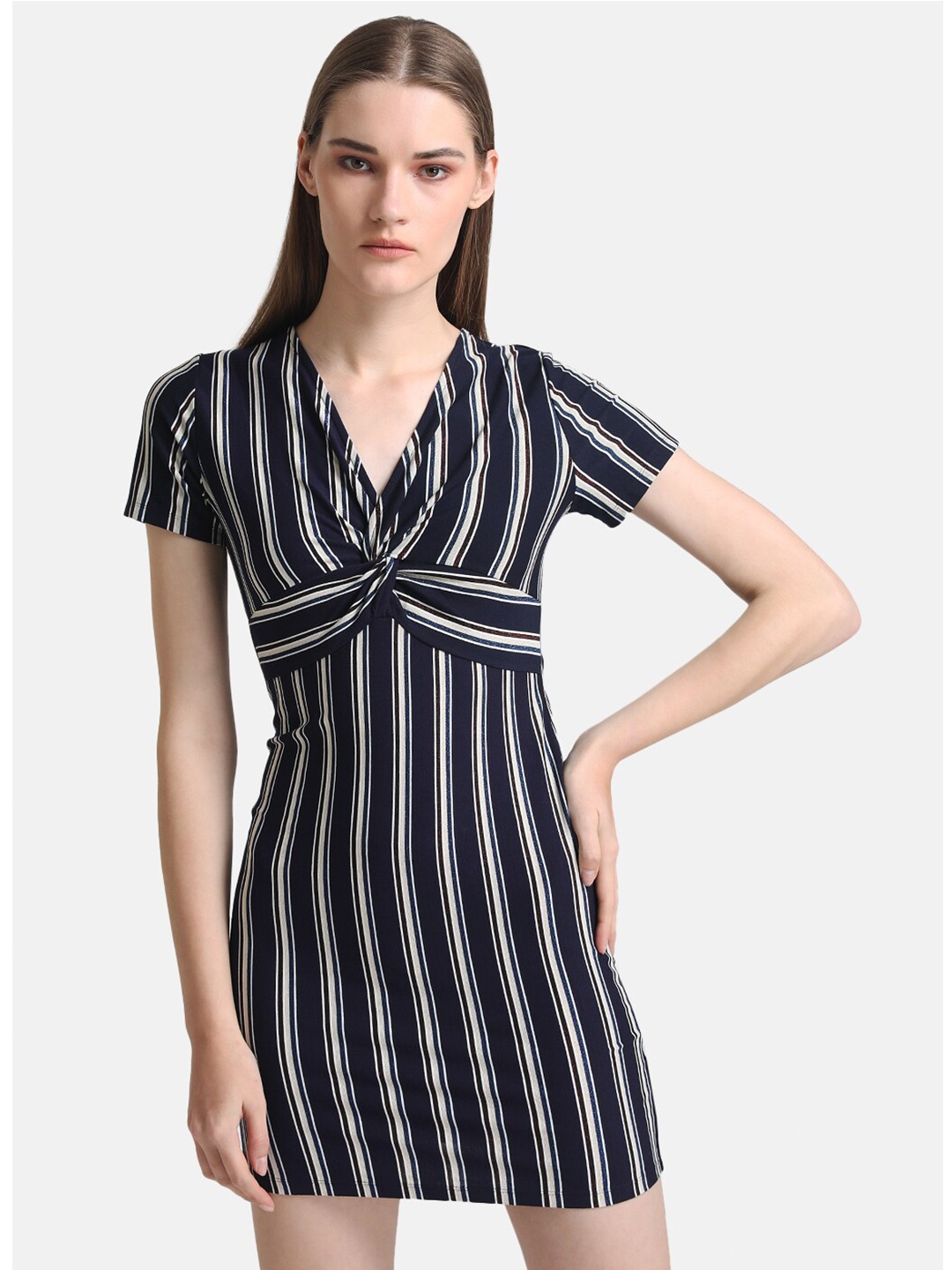 

Kazo Blue Front Tie Knot Striped Bodycon Dress