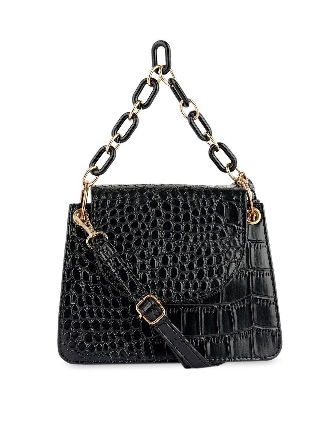 

London Rag Black Croc Textured PU Structured Sling Bag