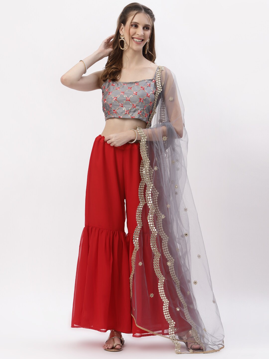 

studio rasa Red & Grey Embroidered Sequinned Ready to Wear Lehenga & Blouse With Dupatta