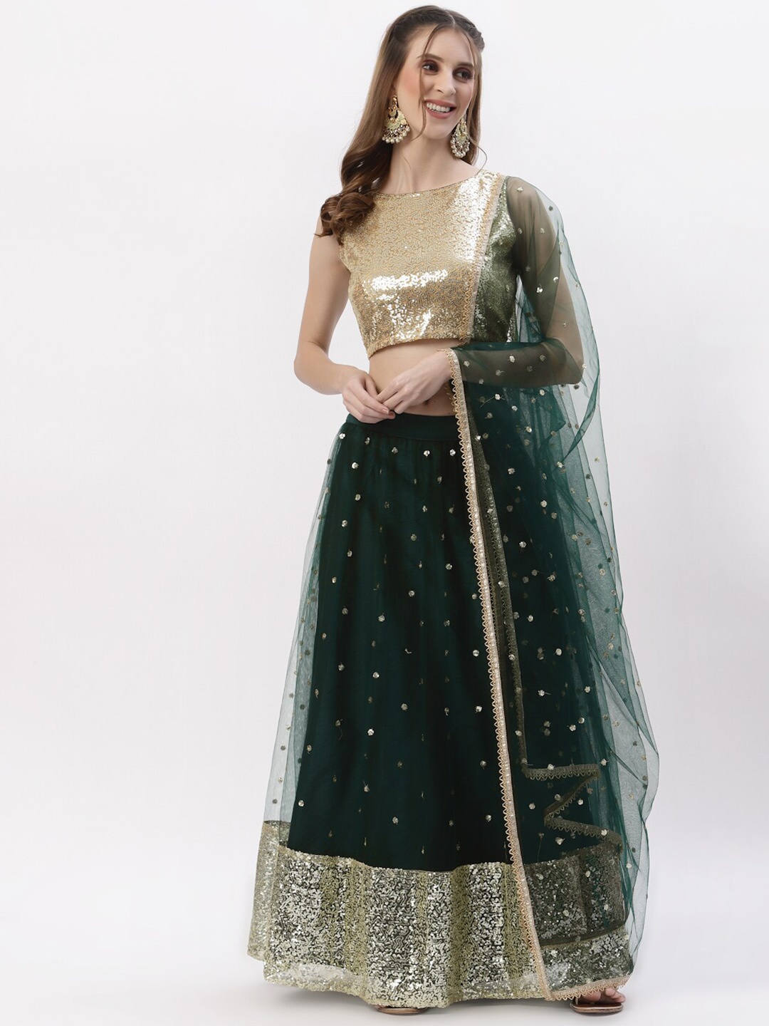 

studio rasa Green & Gold-Toned Embroidered Sequinned Ready to Wear Lehenga & Blouse With Dupatta