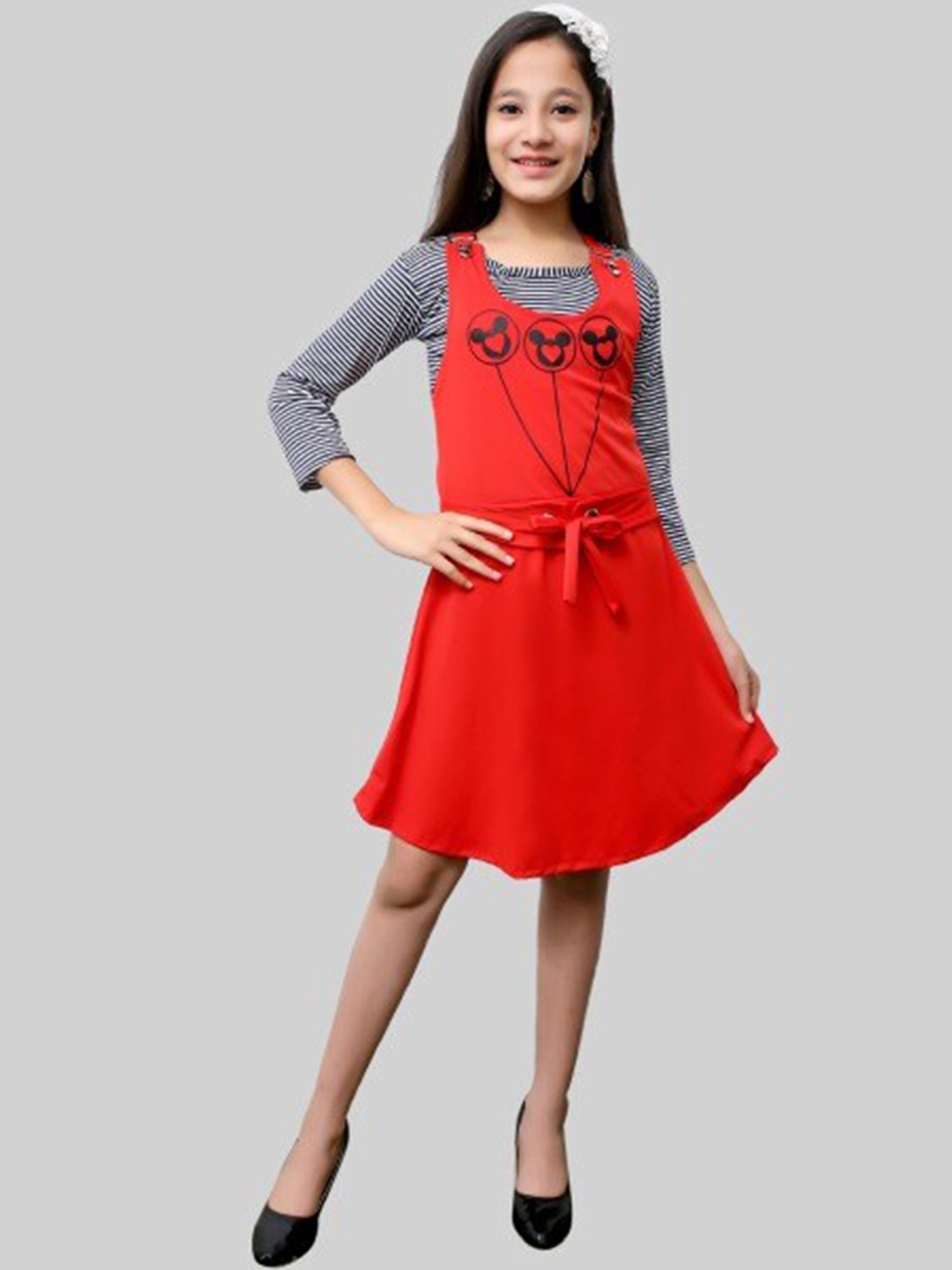 

Elendra jeans Girls Red & Black Printed Cotton Dungarees Dress with Striped T-Shirt