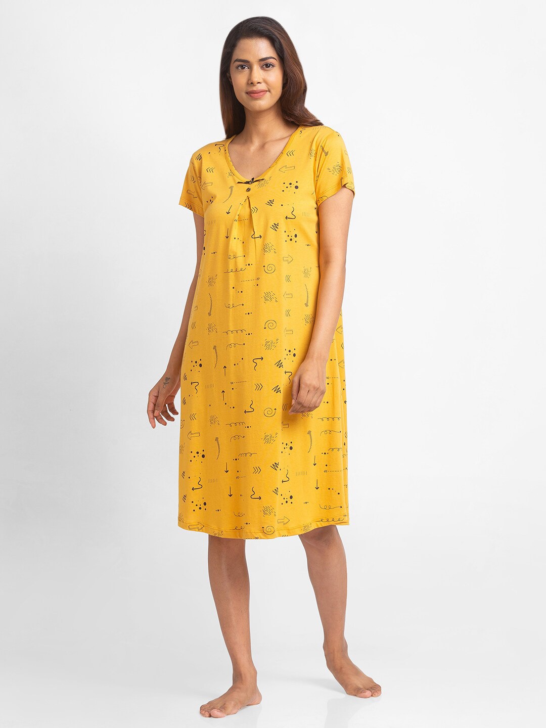 

Juliet Women Yellow Printed Knee Length Cotton Nightdress