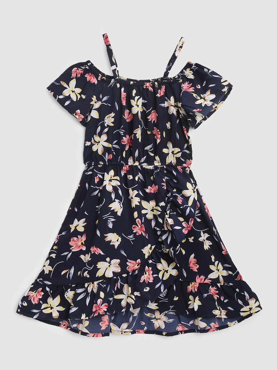 

YK Teens Navy Blue Floral Printed Ruffled Crepe Dress