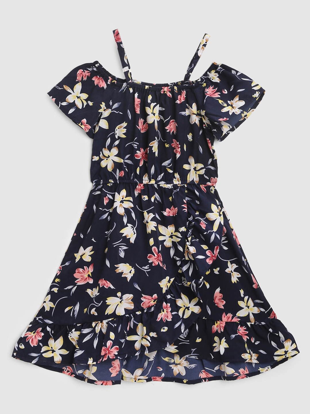 

YK Teens Navy Blue Floral Printed Ruffled Crepe Dress