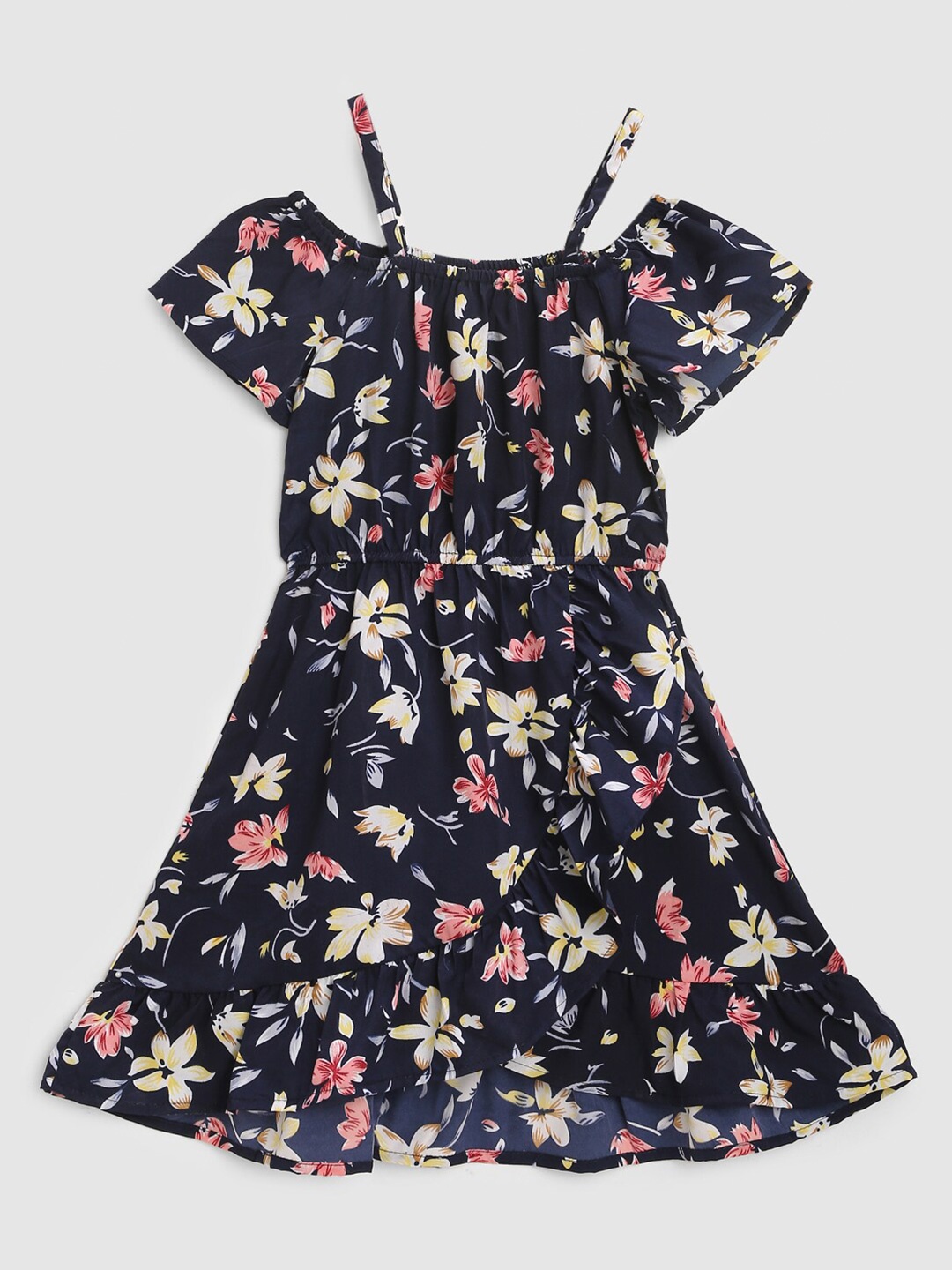 

YK Teens Navy Blue Floral Printed Ruffled Crepe Dress