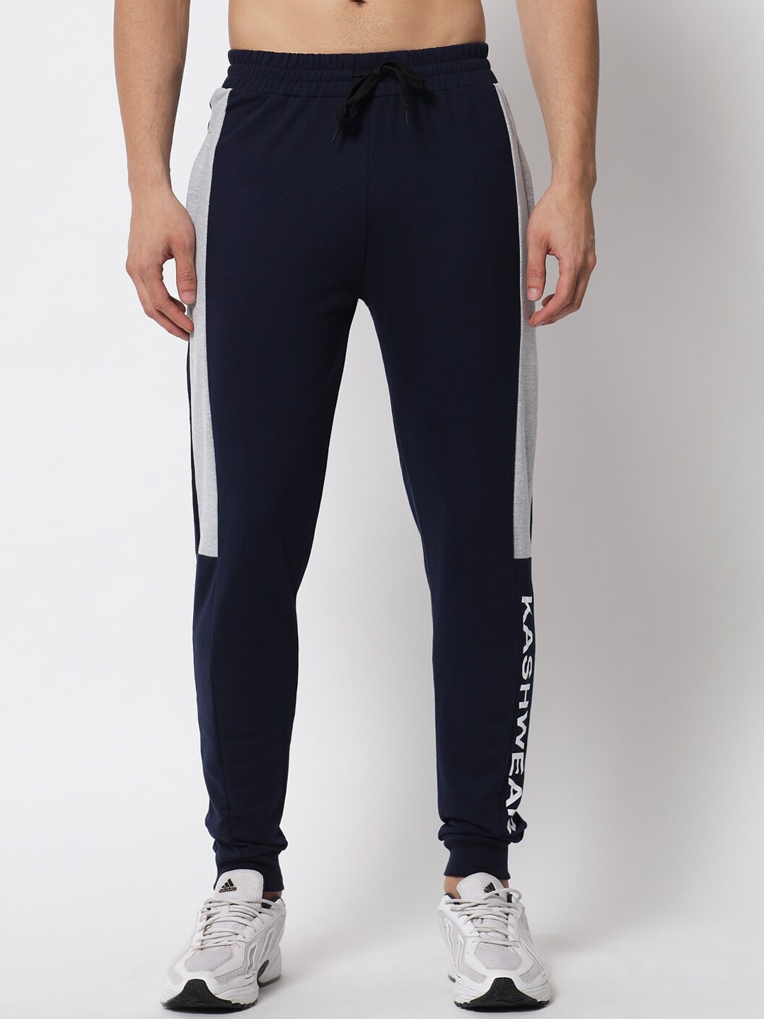 

Kashwear Men Navy Blue & Grey Colourblocked Slim-fit Cotton Joggers